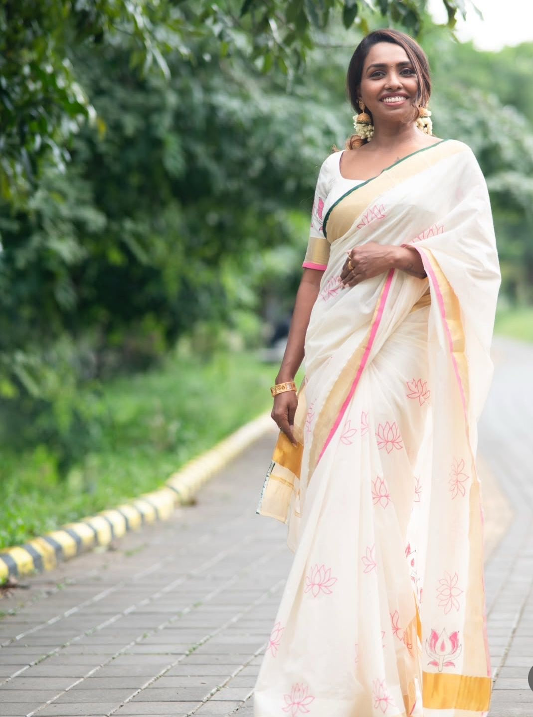 Sarvani Premium Hand block printed , hand painted pure cotton Kerala set saree in pink lotus theme SAR03