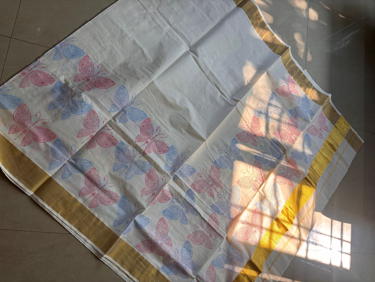 Sarvani Premium Cotton Butterfly theme Handblock printed Kerala Set Saree with golden Kara SAR04