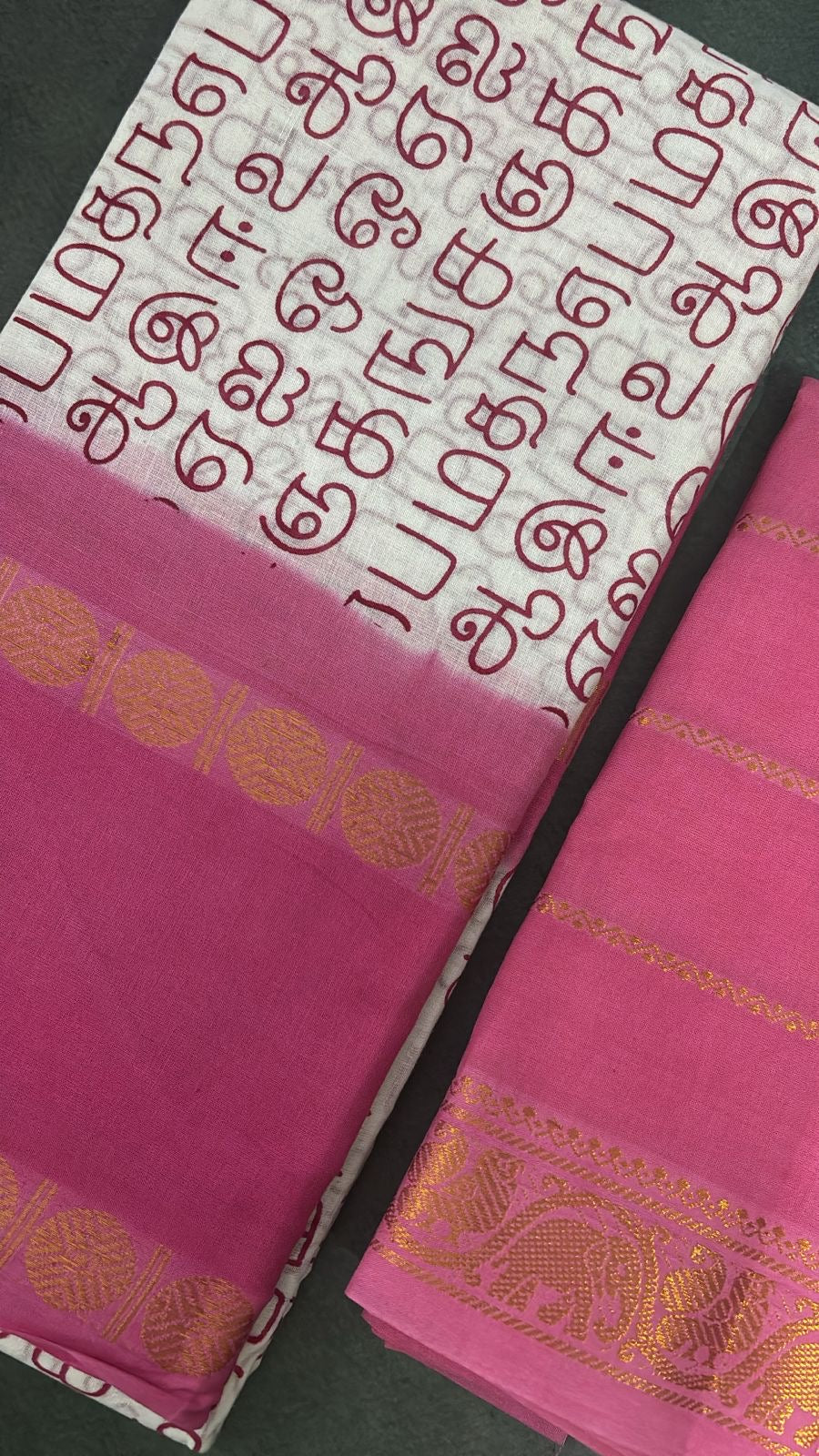 Tarangini Tamil letters with rudraksha border Sungudi Cotton Saree in powder pink shade