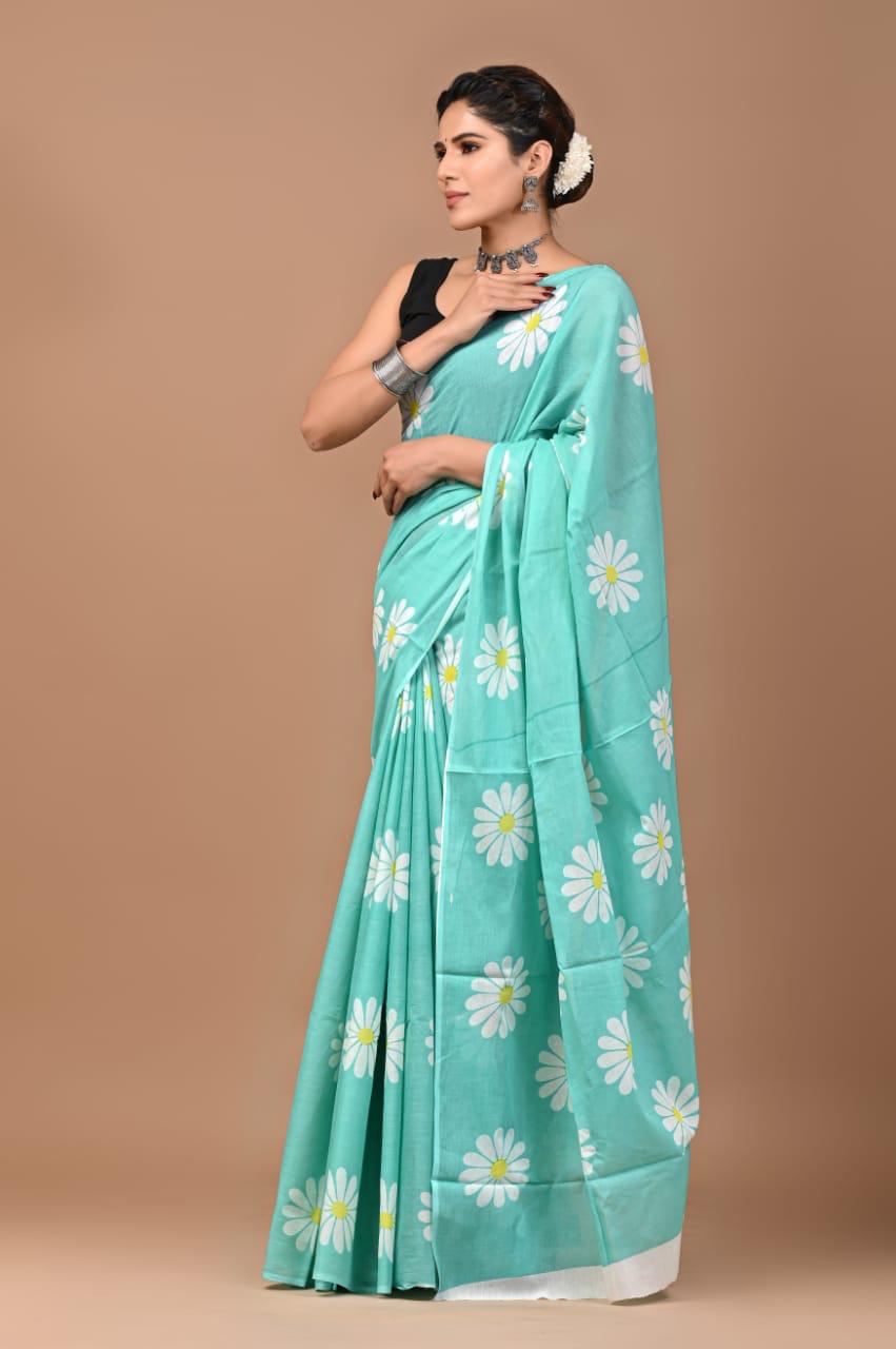 Jaipur Soft cotton flower block print saree