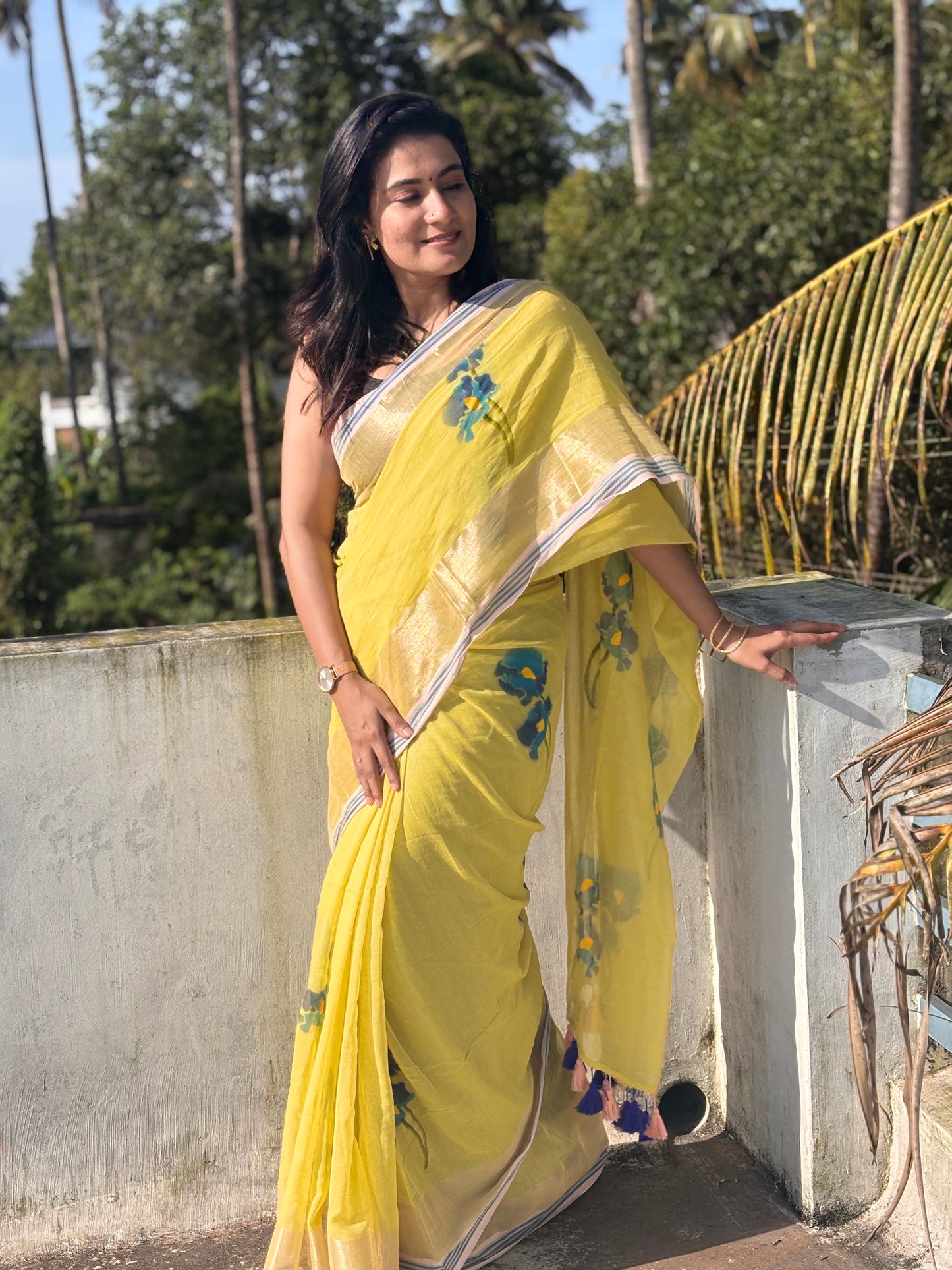 Hand painted handloom Mal cotton Sarees with tassels