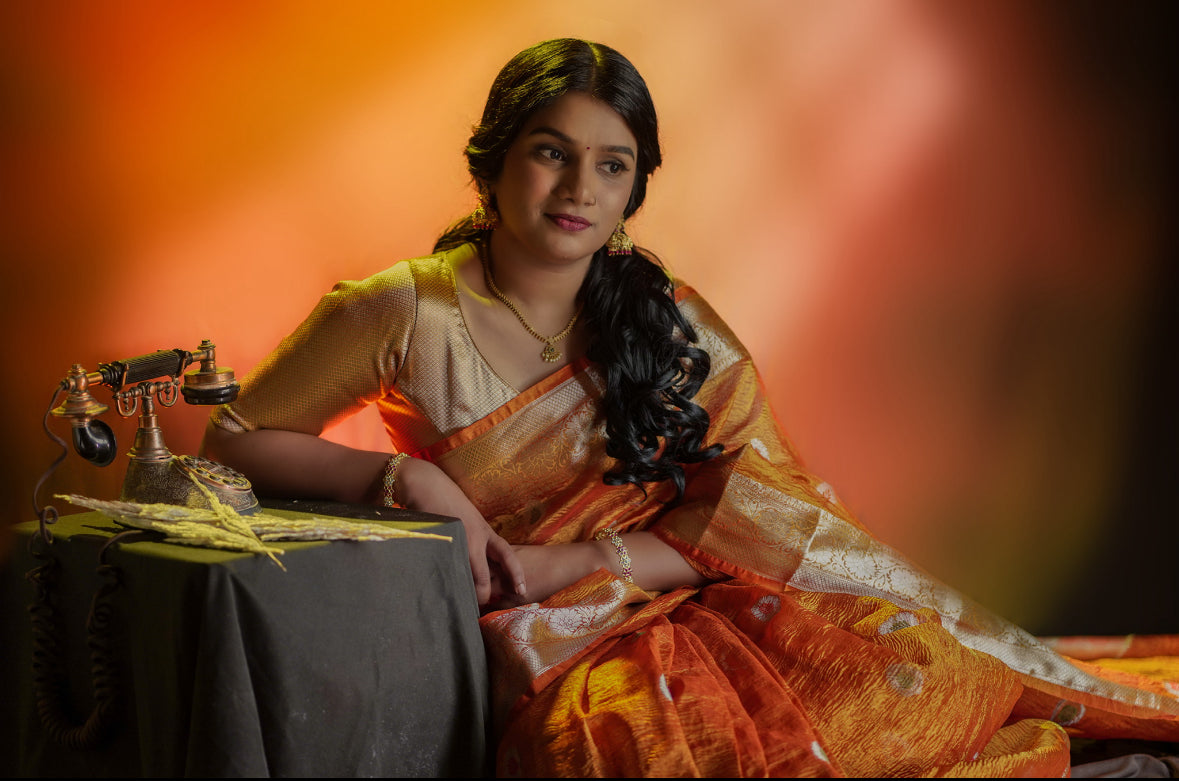 Banarasi crushed tissue saree Orange