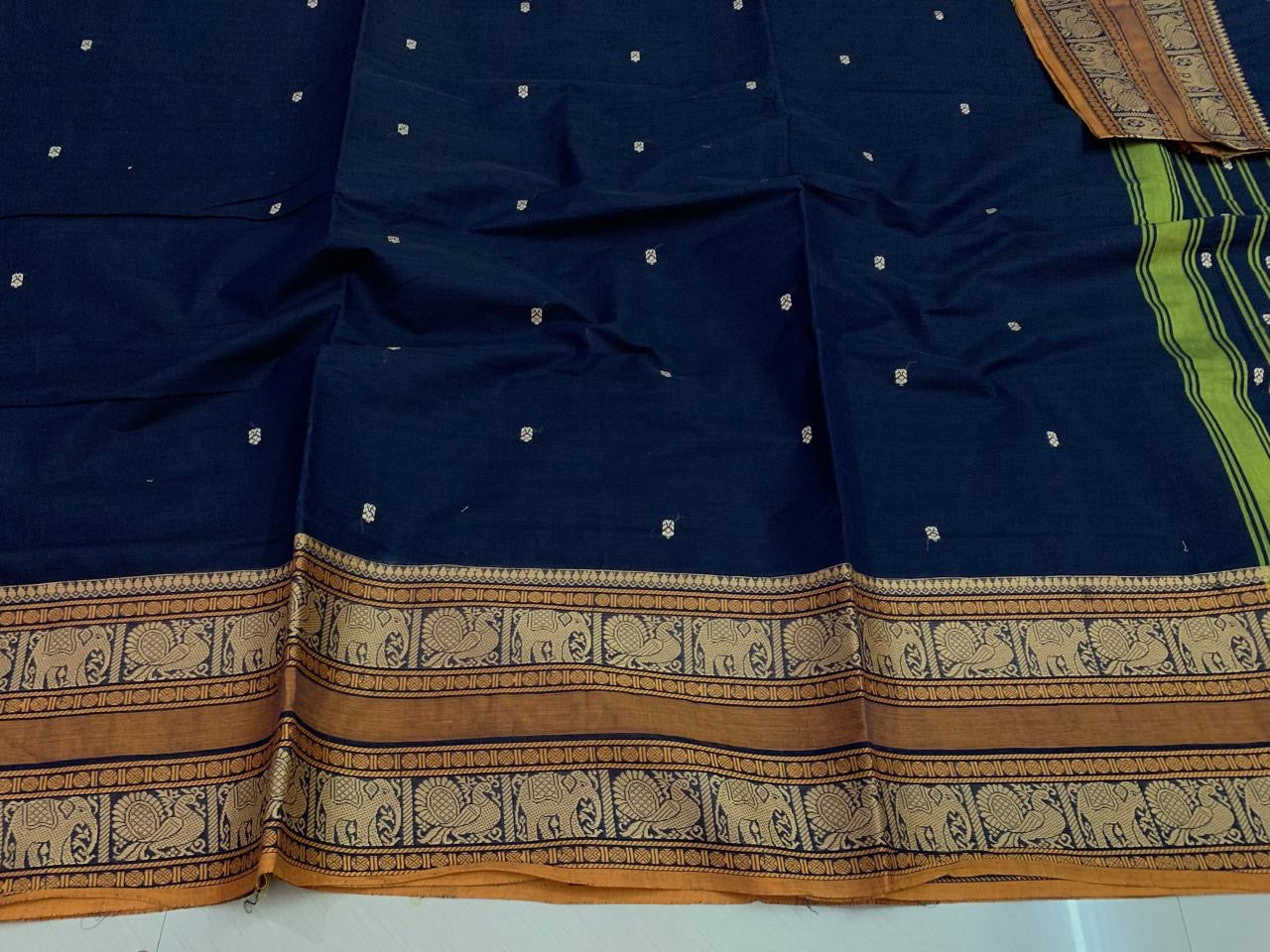 Sangita (संगीता) Vintage Chettinad Kanchi Cotton Sarees with elephant peacock dual border and woven buttas with running blouse piece SAN04