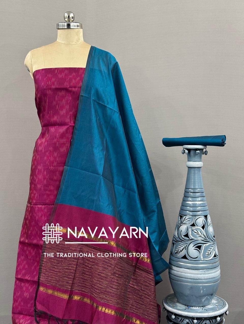 Pochampally Ikkat Suit materials beet red and blue
