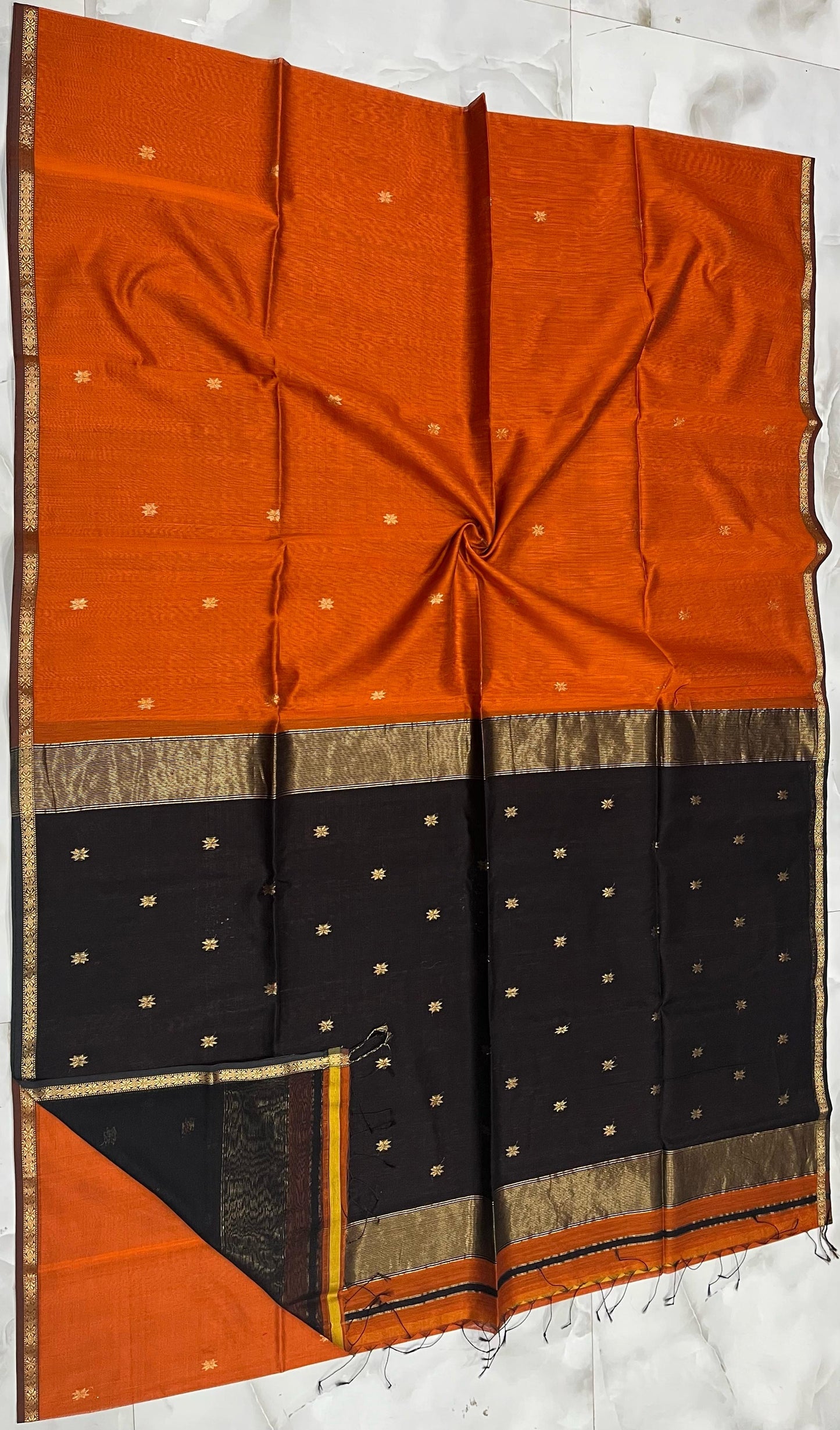 Kalyanika Maheshwari silk saree rust orange black combo