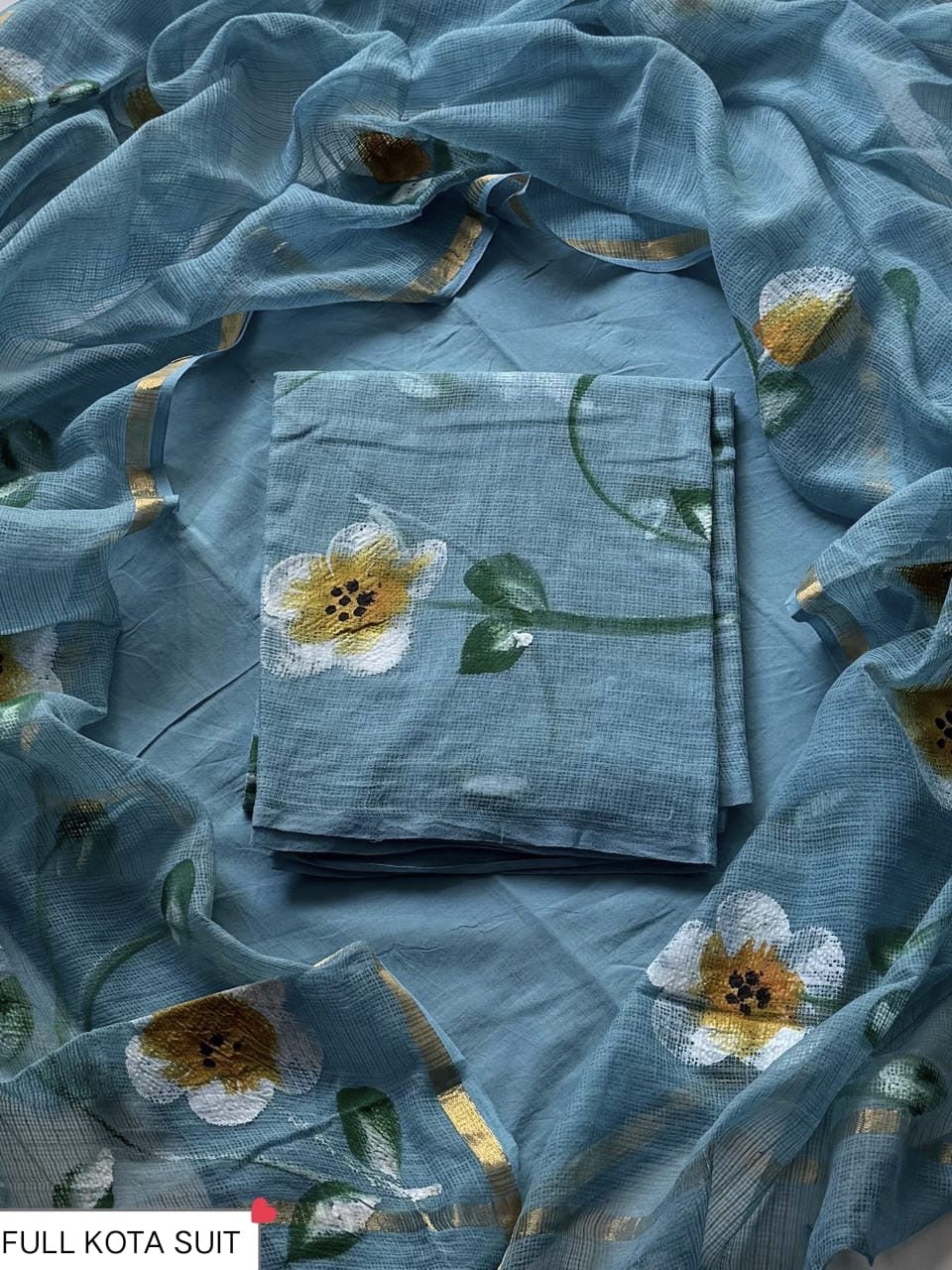 Hand painted floral Kota Doria Suit Set Unstitched