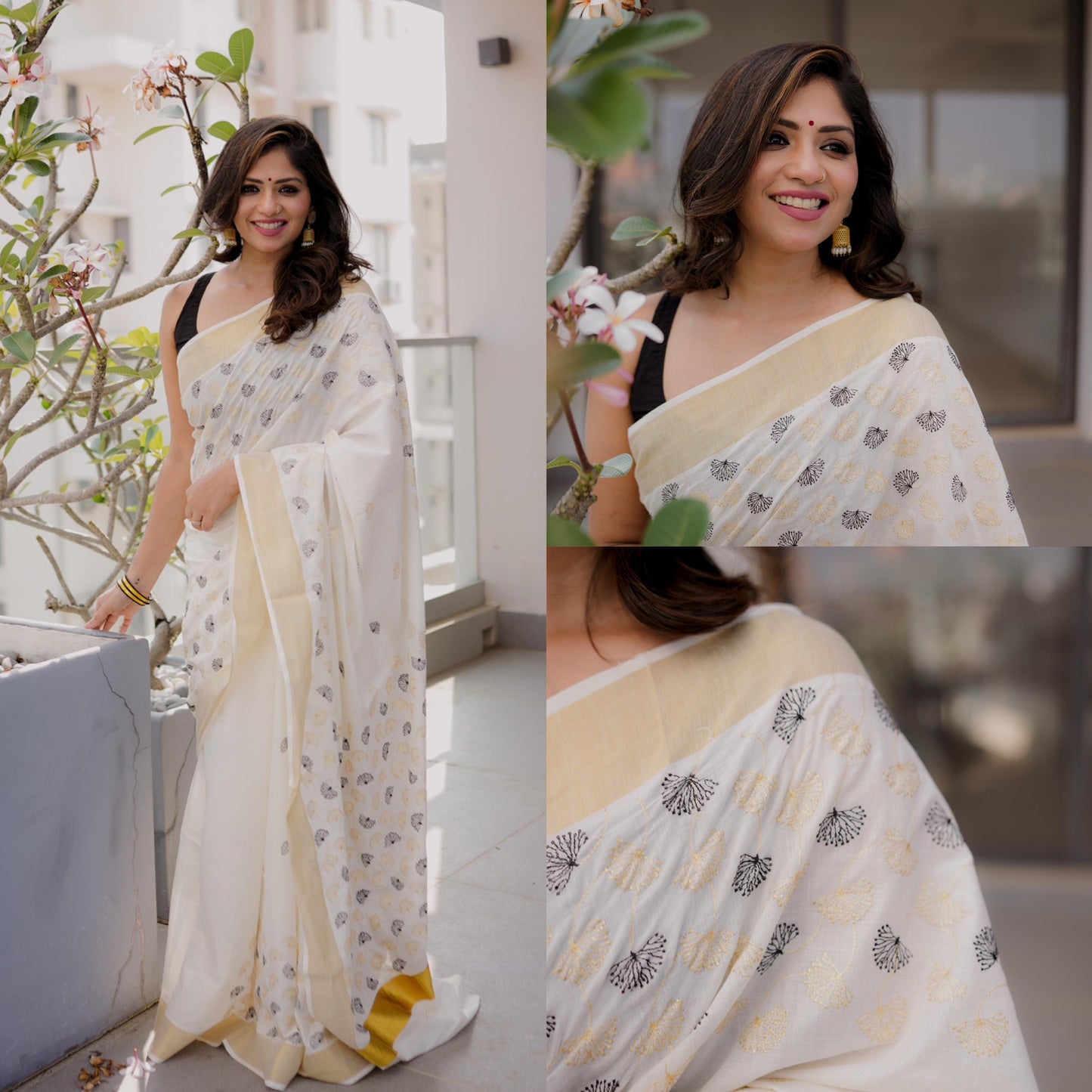 Sarvani Kerala Cotton Embroidered Mul flower Sarees SAR01