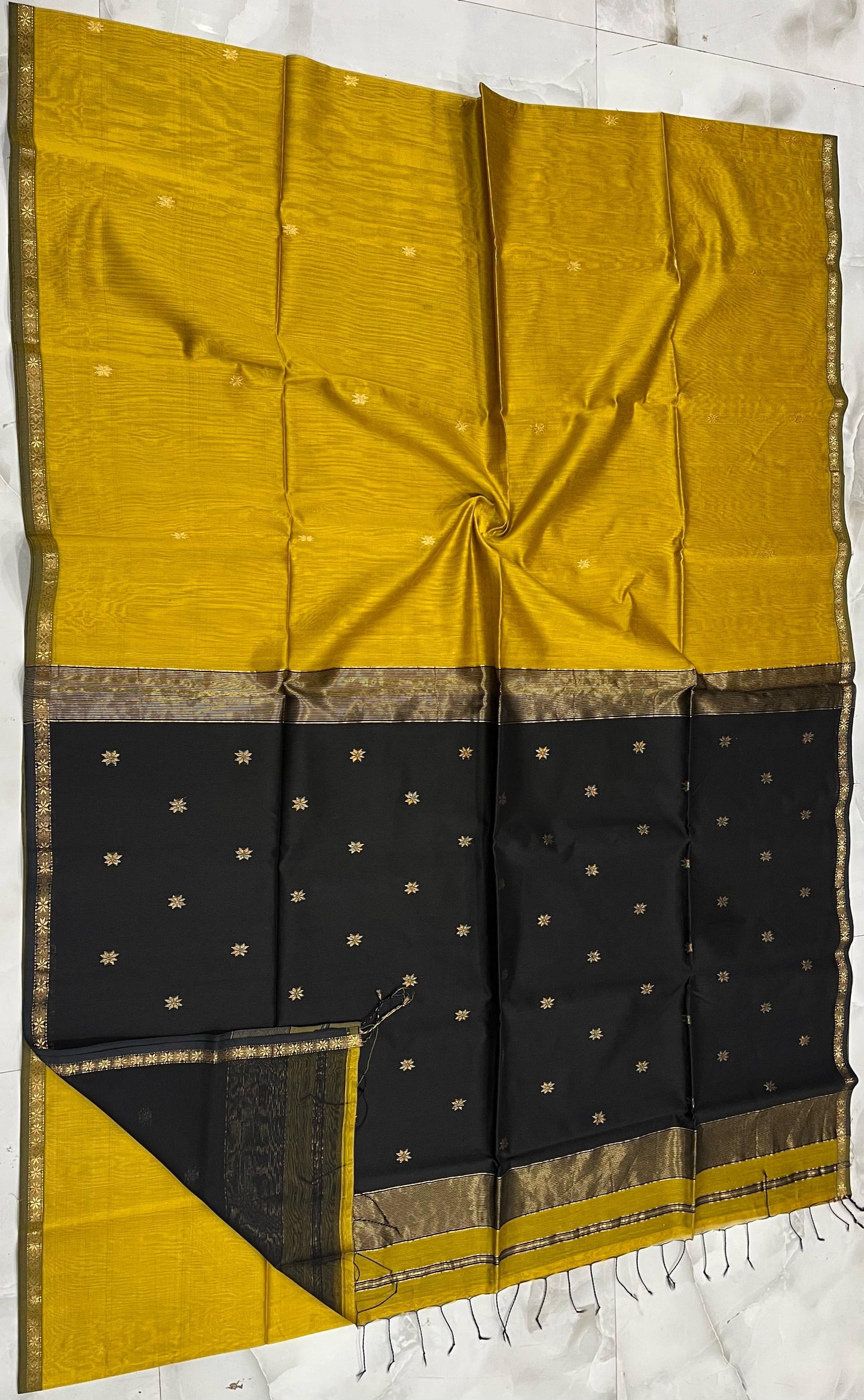 Kalyanika Maheshwari silk saree mustard and black