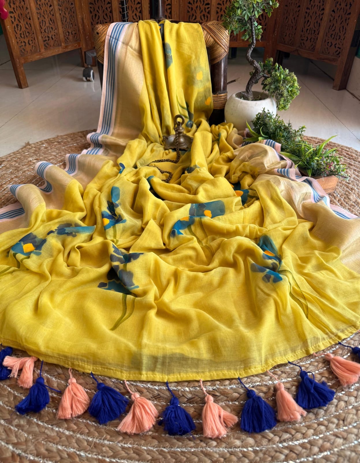 Hand painted handloom Mal cotton Sarees with tassels