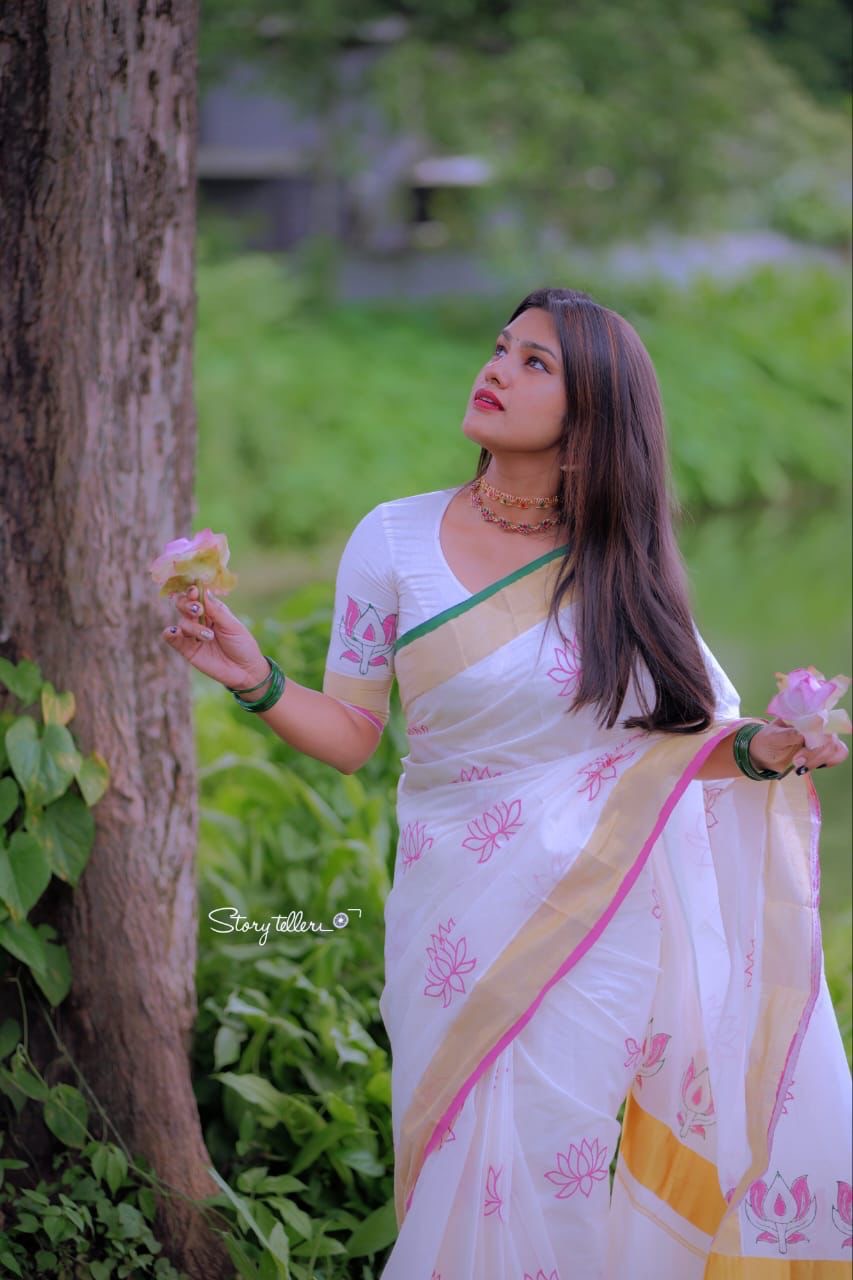 Sarvani Premium Hand block printed , hand painted pure cotton Kerala set saree in pink lotus theme SAR03