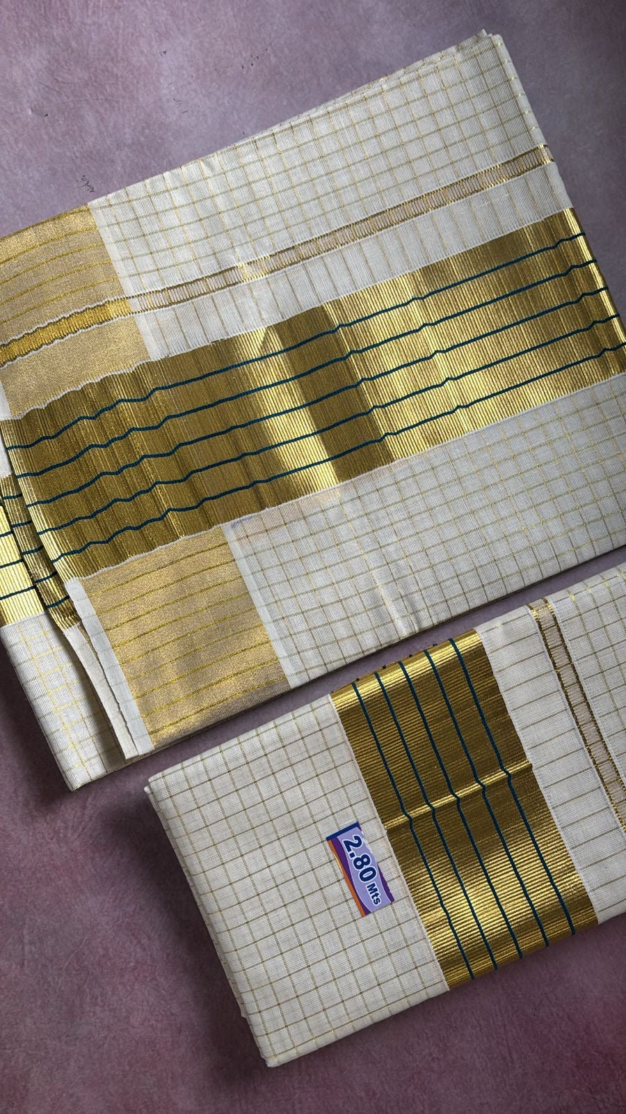Sarvani Golden Tissue zari checks kasavu with blue kara Set Mundu