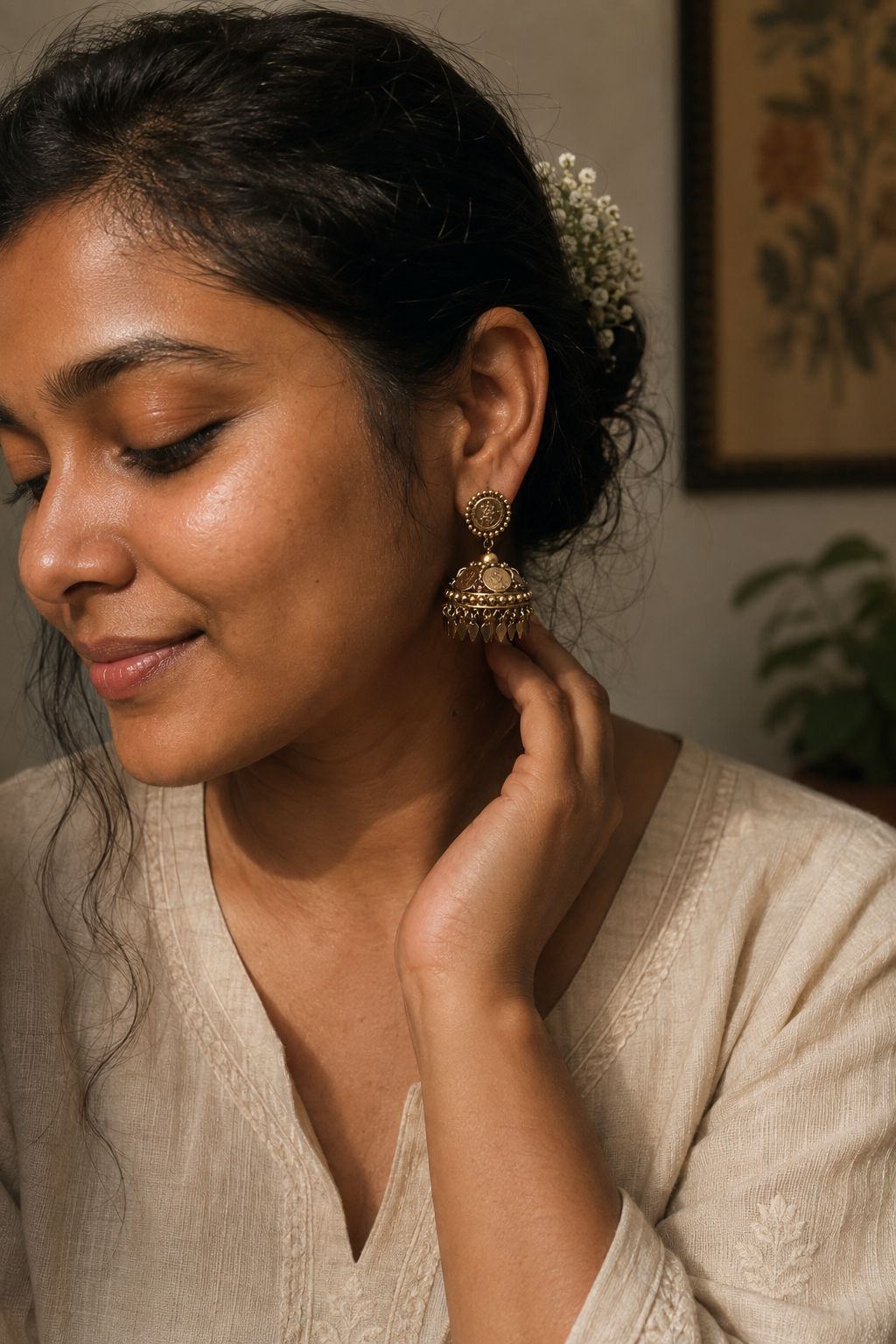 Antique Lakshmi Kashi Coin Jhumka with Ilakkathali Hangings