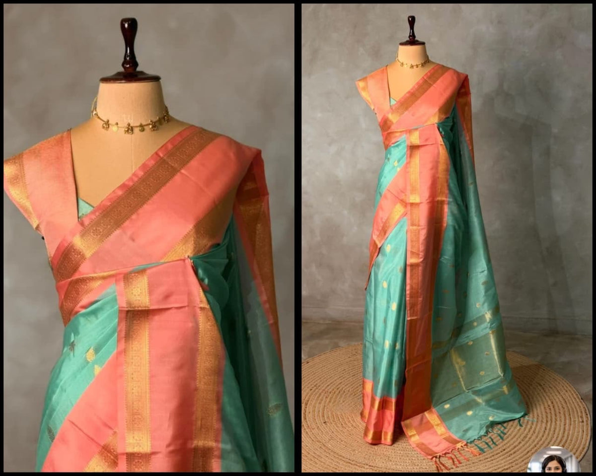 Teal & Peach Cotton Silk Saree Festive Temple Wear
