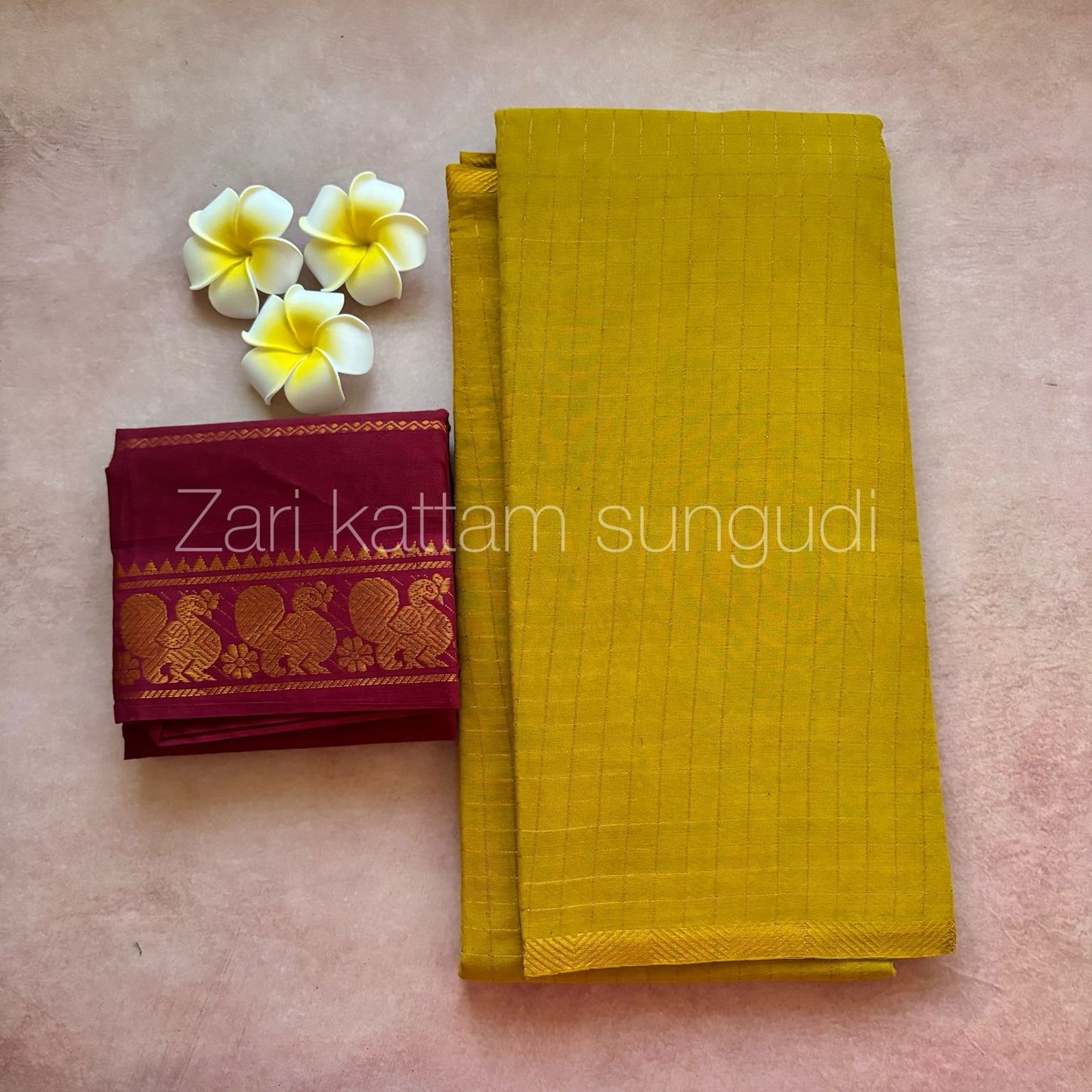 Handloom Sungudi cotton mustard yellow maroon Pentex border Saree