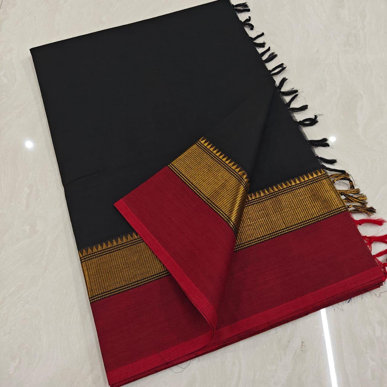 Sangita Vintage pattern Chettinad cotton saree black and maroon