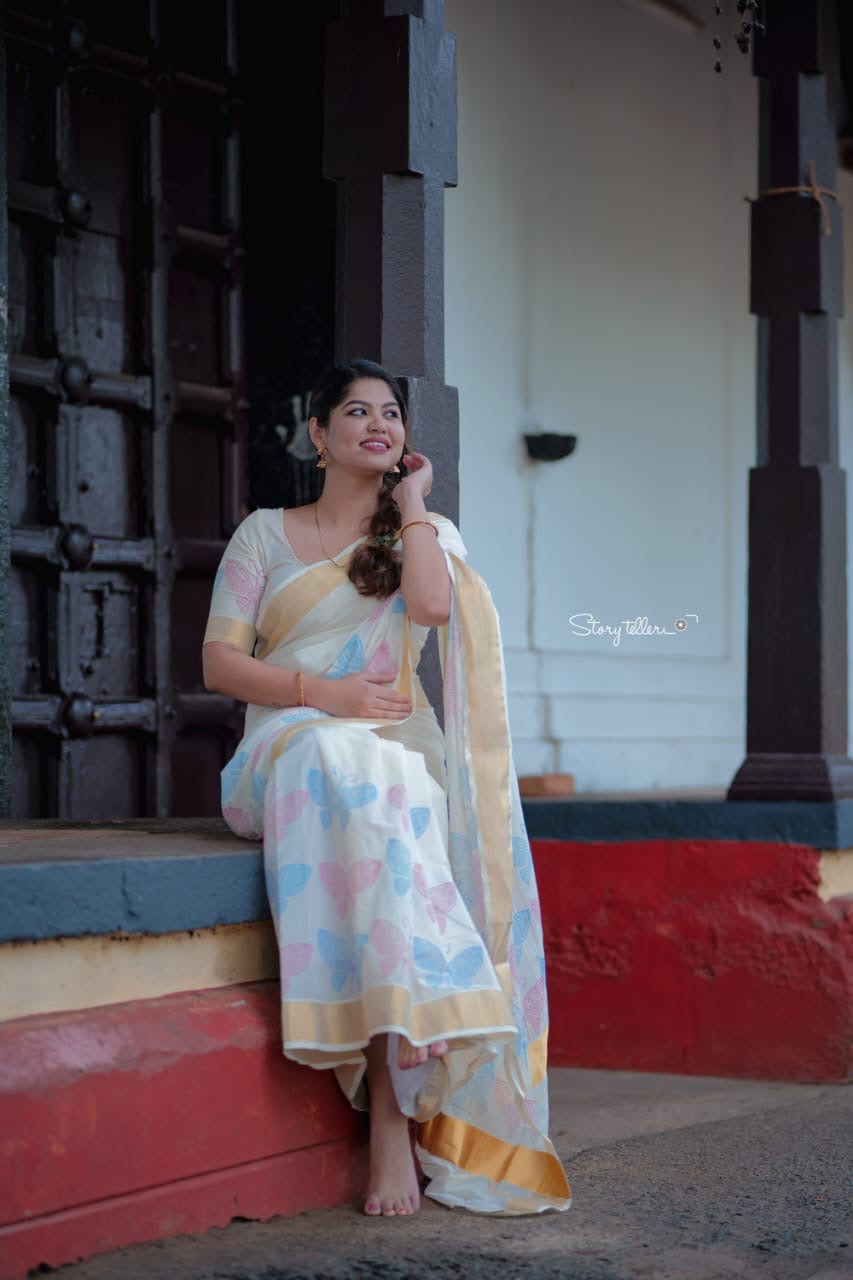 Sarvani Premium Cotton Butterfly theme Handblock printed Kerala Set Saree with golden Kara SAR04