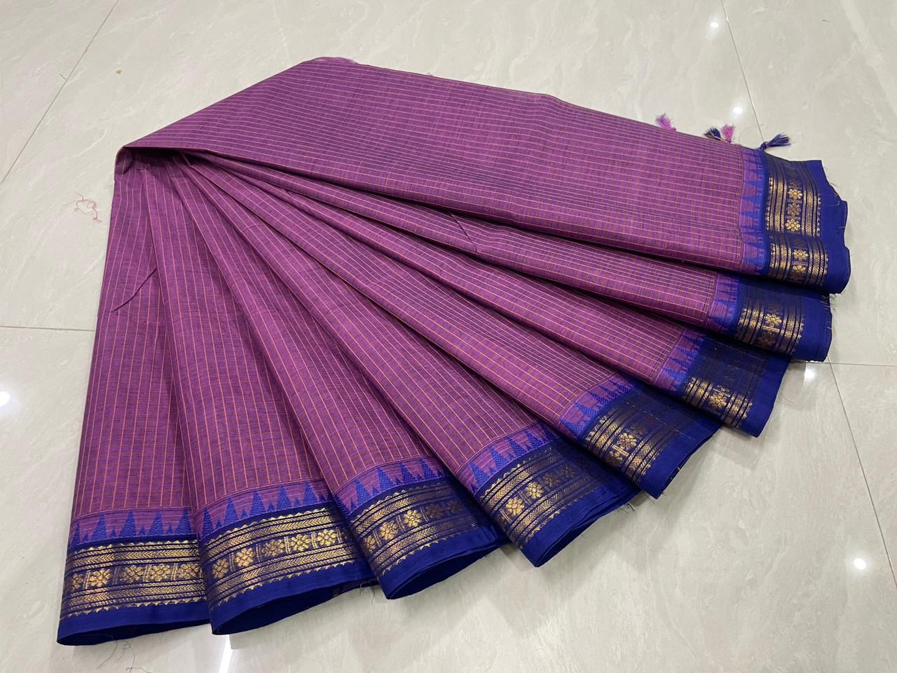 Sangita Vintage Korvai check pure cotton sarees purple