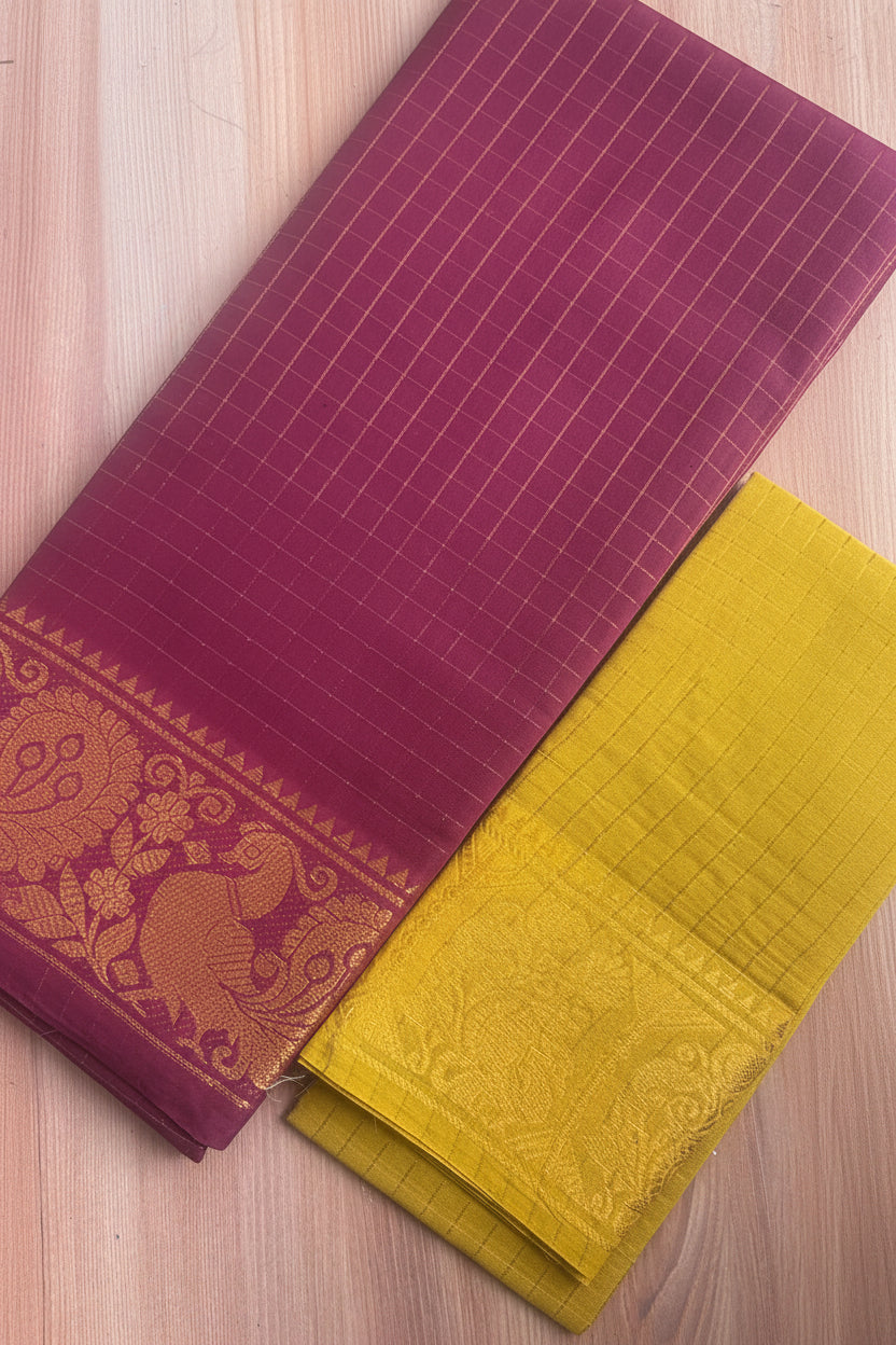 Handloom Sungudi Cotton Zari kattam peacock border Maroon Saree with mustard blouse