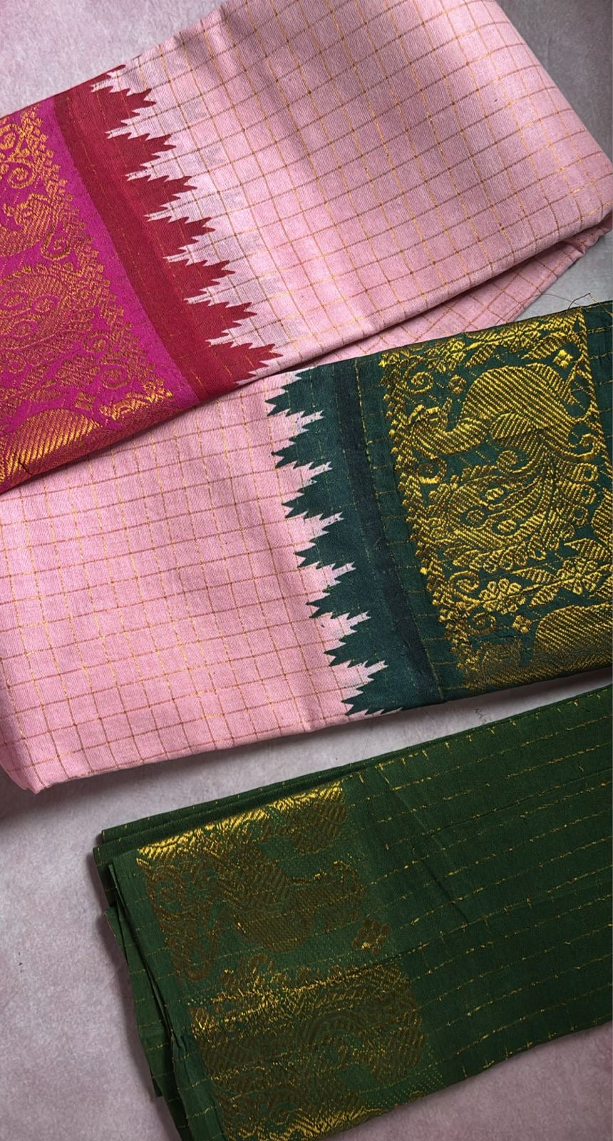 Tarangini powder pink zari kattam ganga jamuna Sungudi cotton saree with rani pink and green temple border