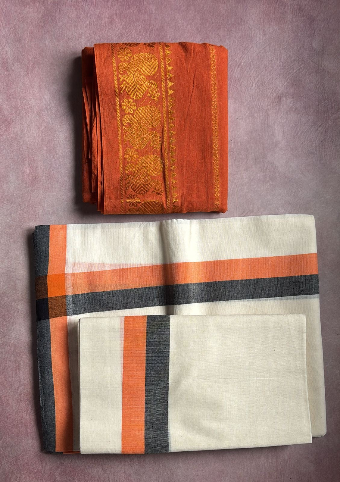 Mulloth pure cotton Set Mundu with sungudi cotton blouse piece orange