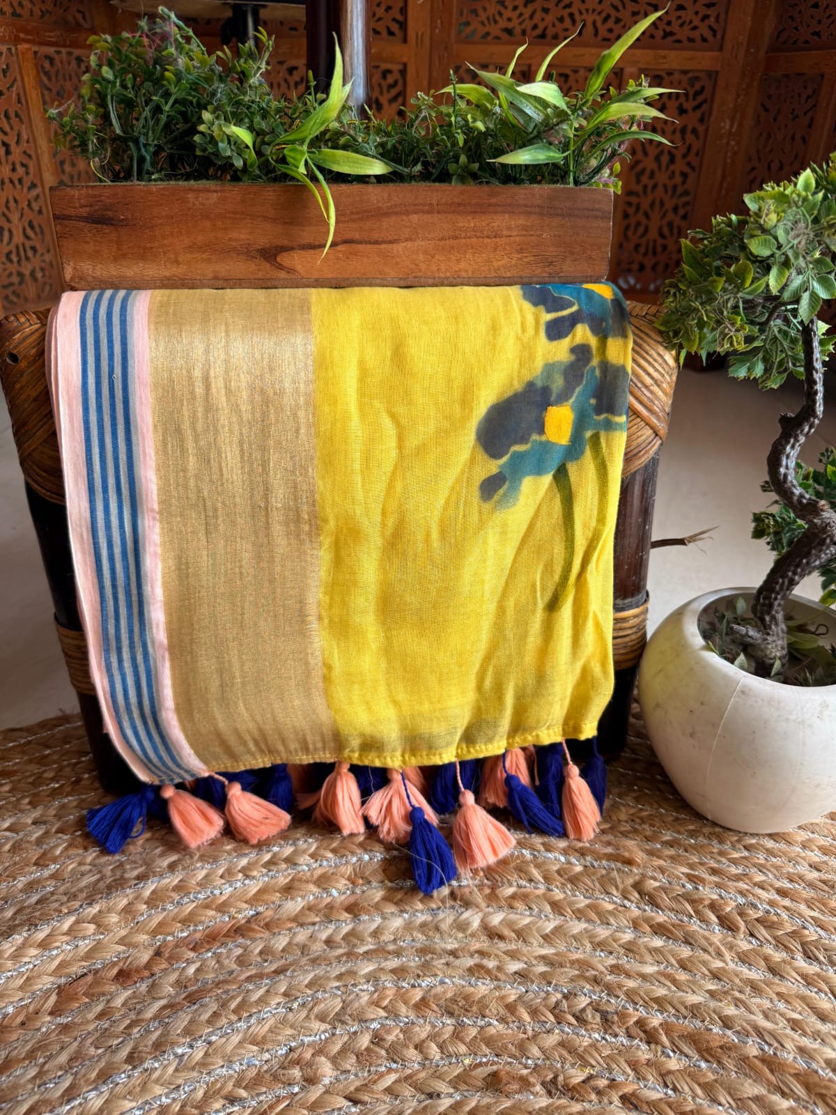 Hand painted handloom Mal cotton Sarees with tassels