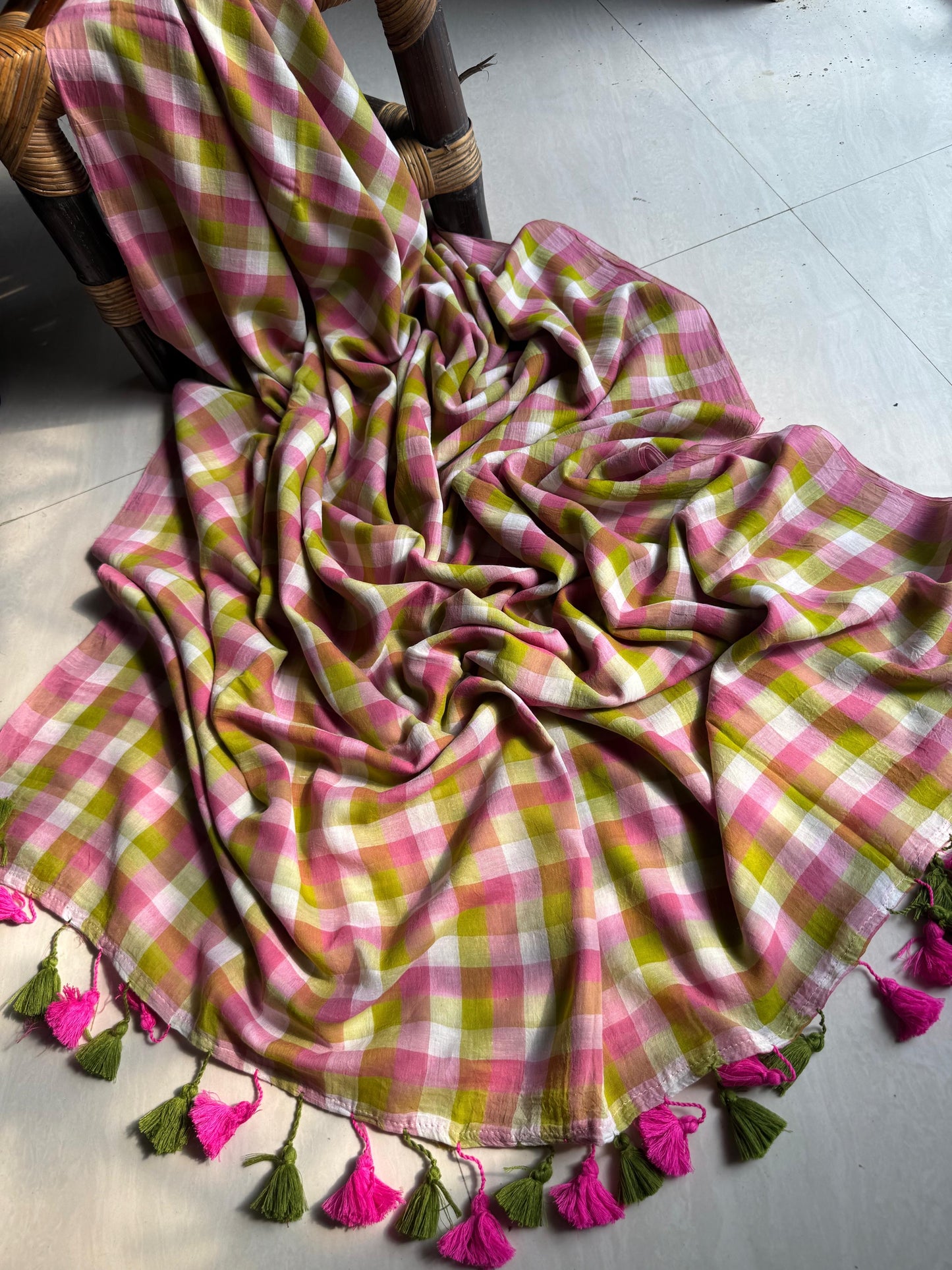 Office wear 120 count multi colour check soft cotton saree