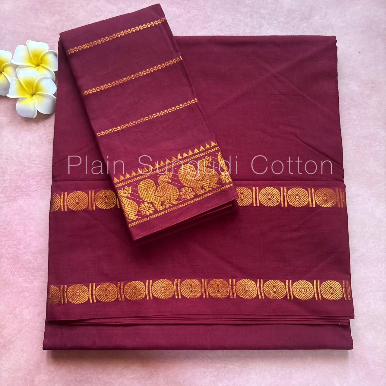 Rudraksha border retta petta Sungudi handloom cotton Saree maroon