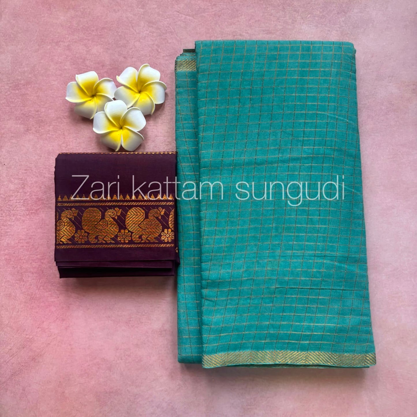 Handloom Sungudi cotton saree with Pentex border sky blue and grape shade