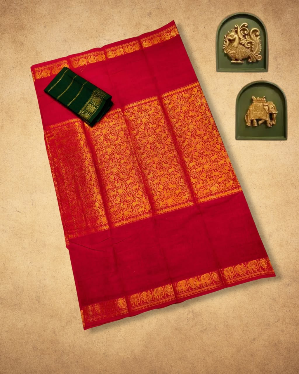 Handloom Sungudi Cotton Vanasingaram Saree in festive red and green combination