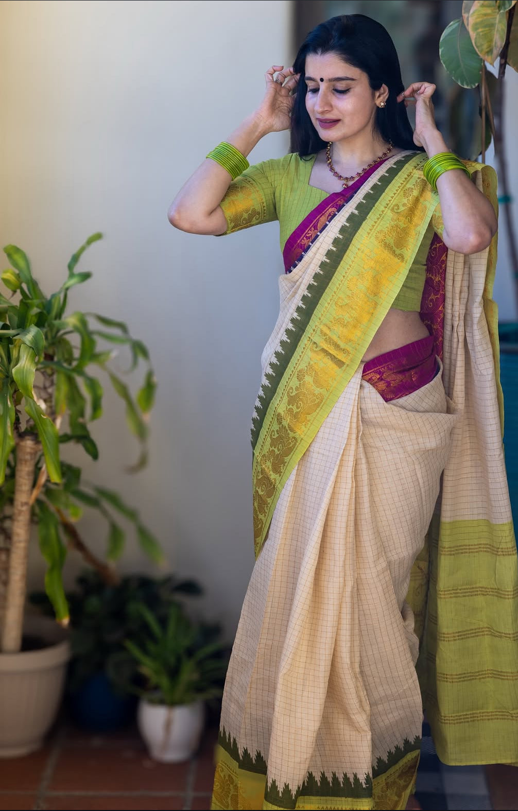 Tarangini Ganga Jamuna zari checks saree off white body colour
