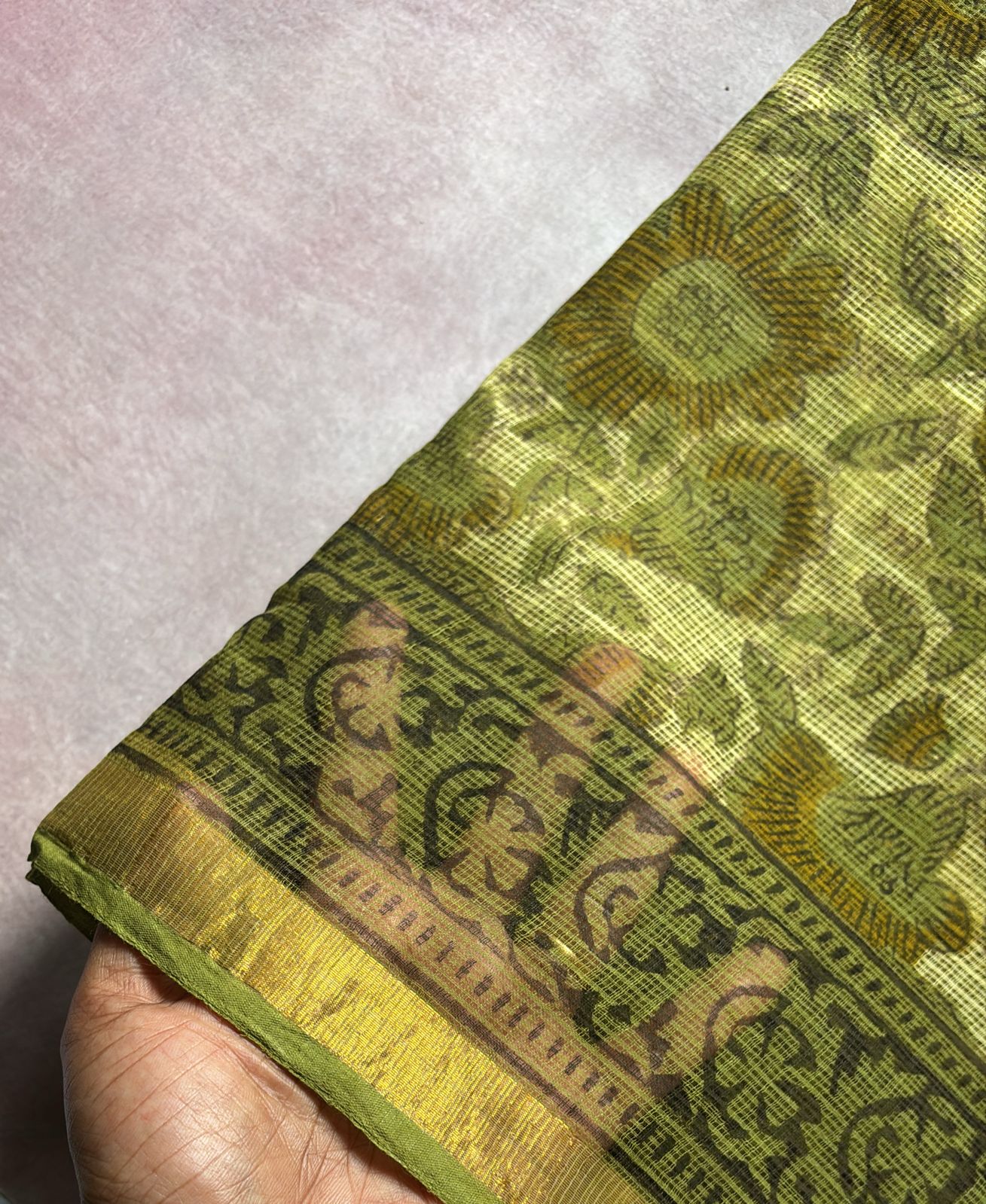 Kota doria Handblock printed sarees green flower design
