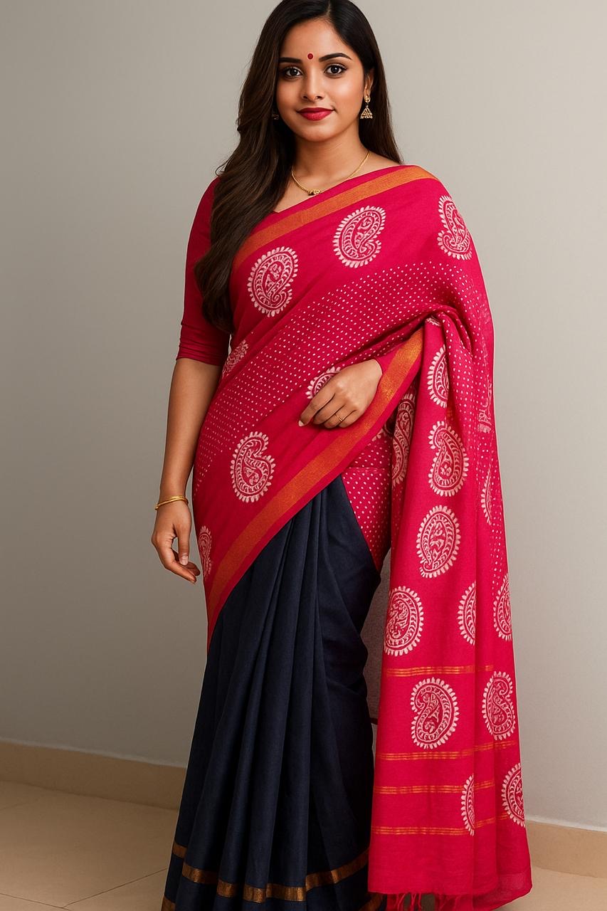 Tarangini Sungudi Fusion saree navy blue and wax batik Rani pink