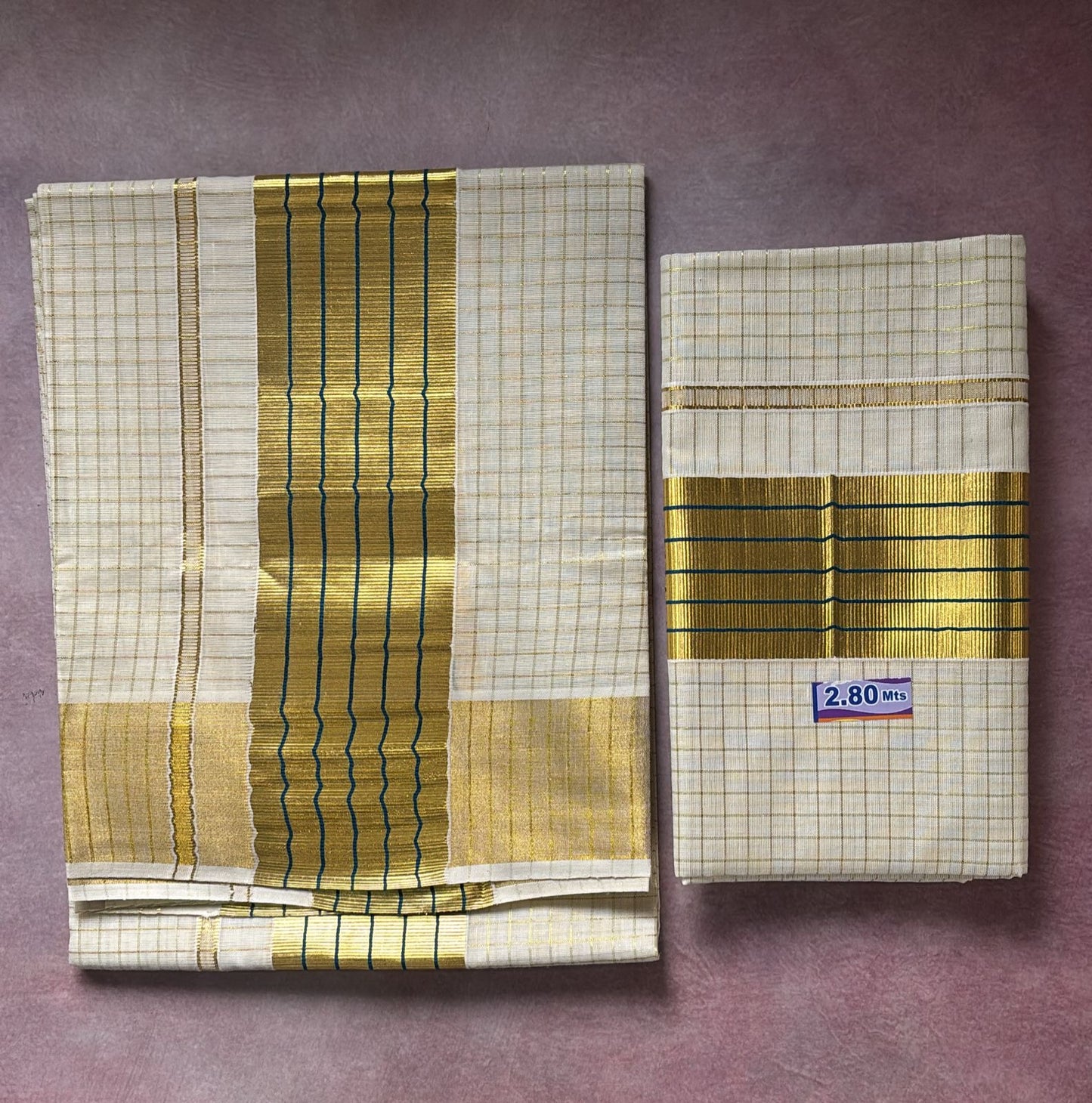 Sarvani Golden Tissue zari checks kasavu with blue kara Set Mundu