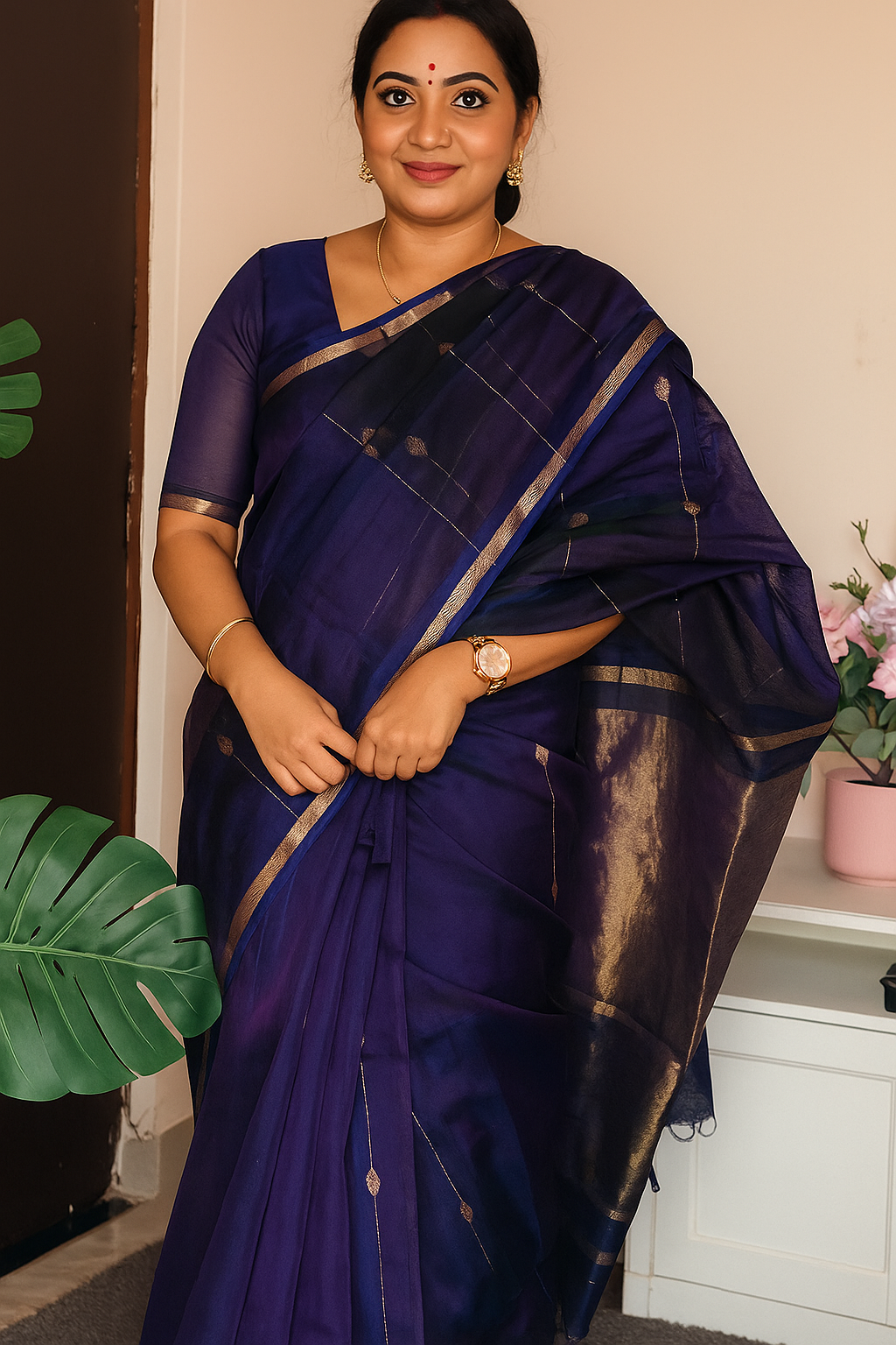 Kalyanika Maheshwari silk buti line saree in Navy blue