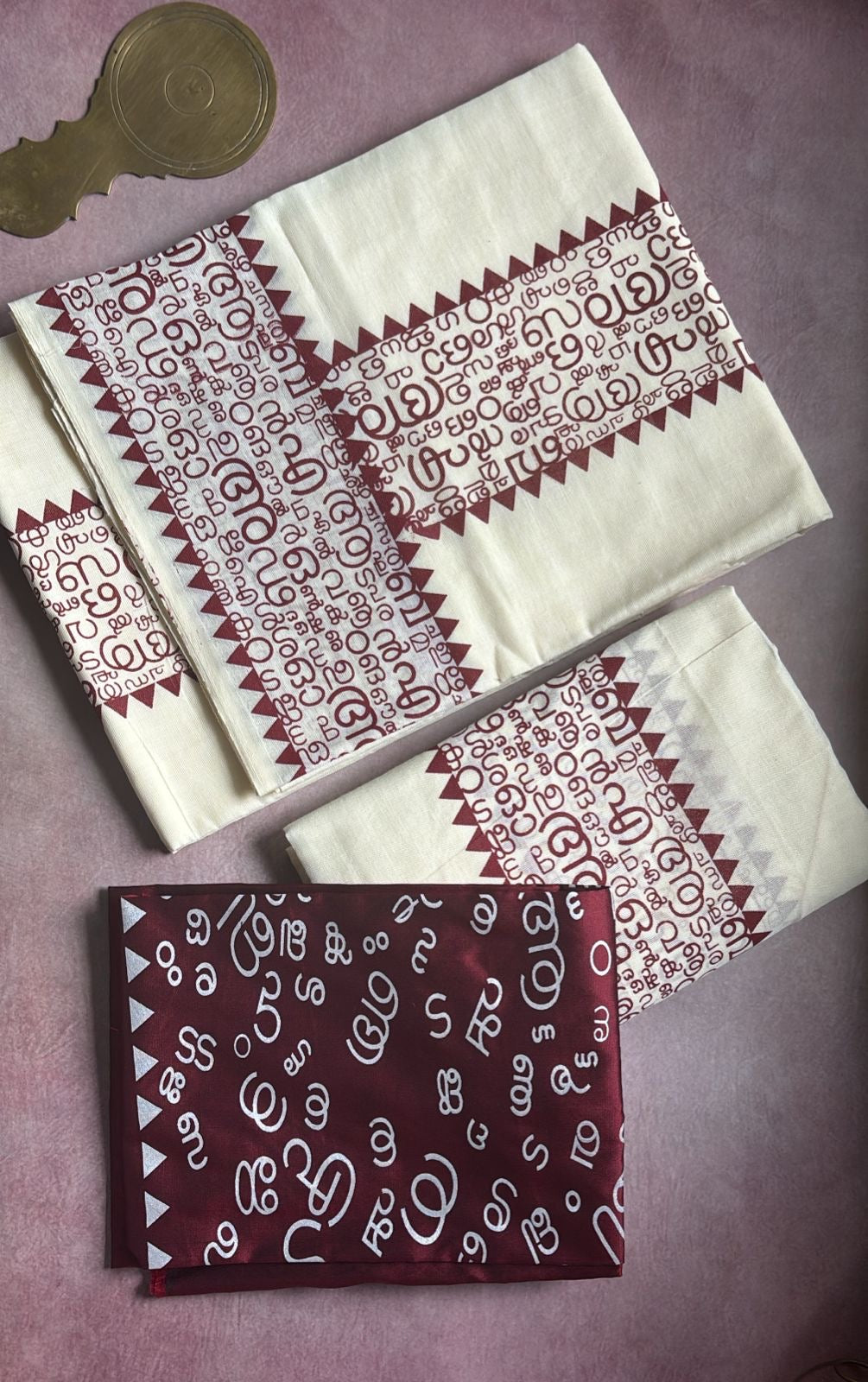 Aksharamala printed Set Mundu with blouse maroon