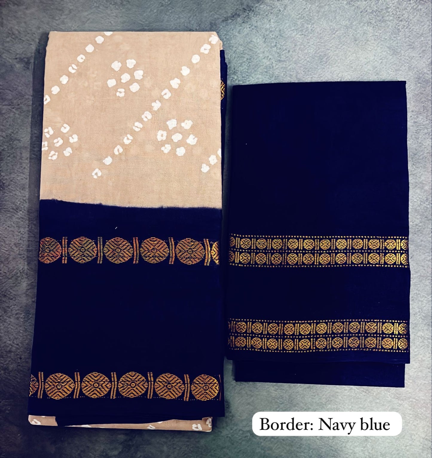 Tarangini wax batik rudraksha border saree (beige and navy blue)