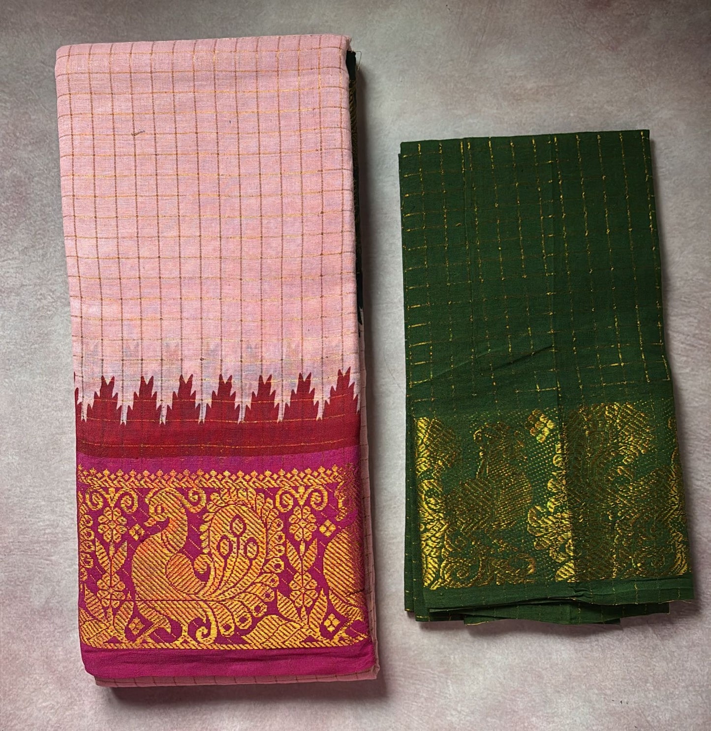 Tarangini powder pink zari kattam ganga jamuna Sungudi cotton saree with rani pink and green temple border
