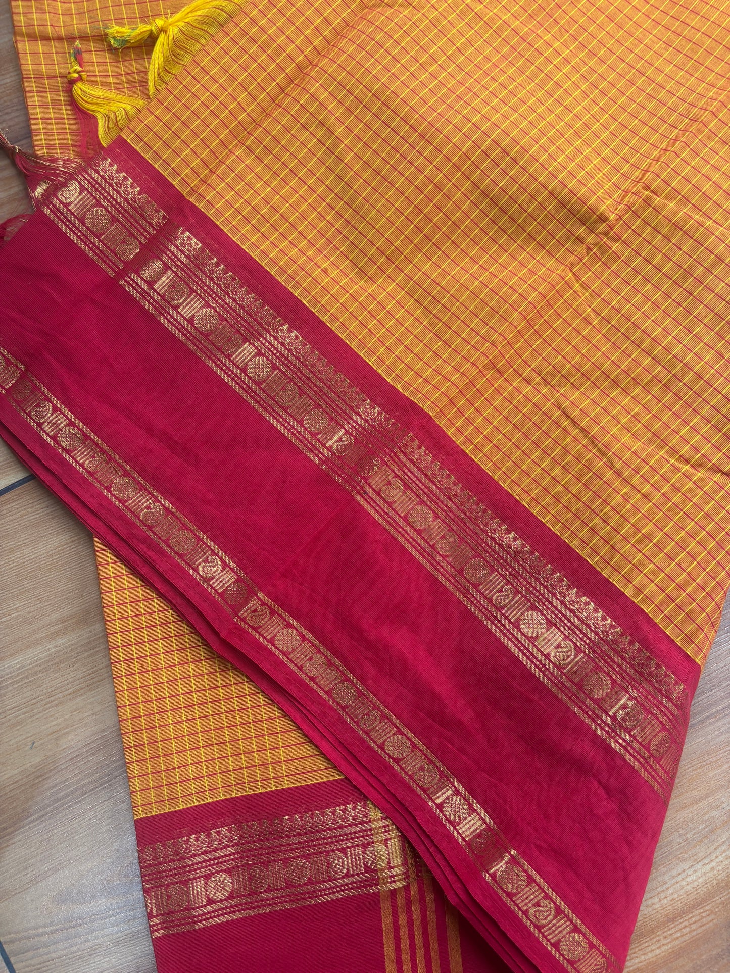 Festive mango yellow red combination micro checks Kanchi cotton Saree