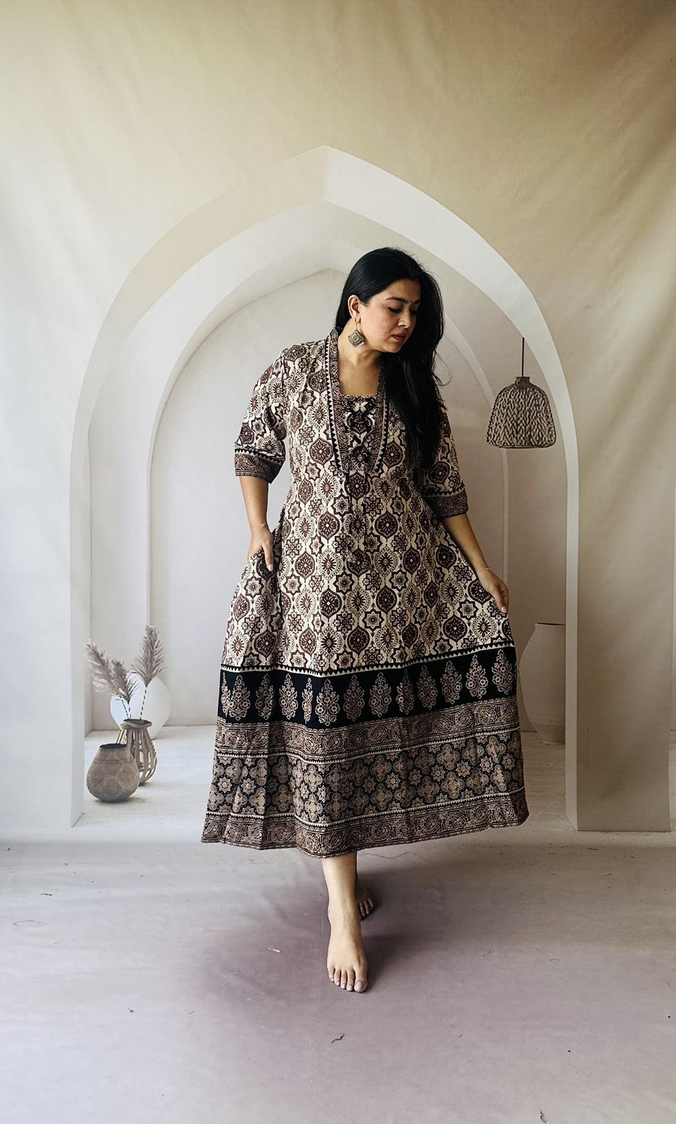 Ajrakh block printed one piece dress in Beige and Black