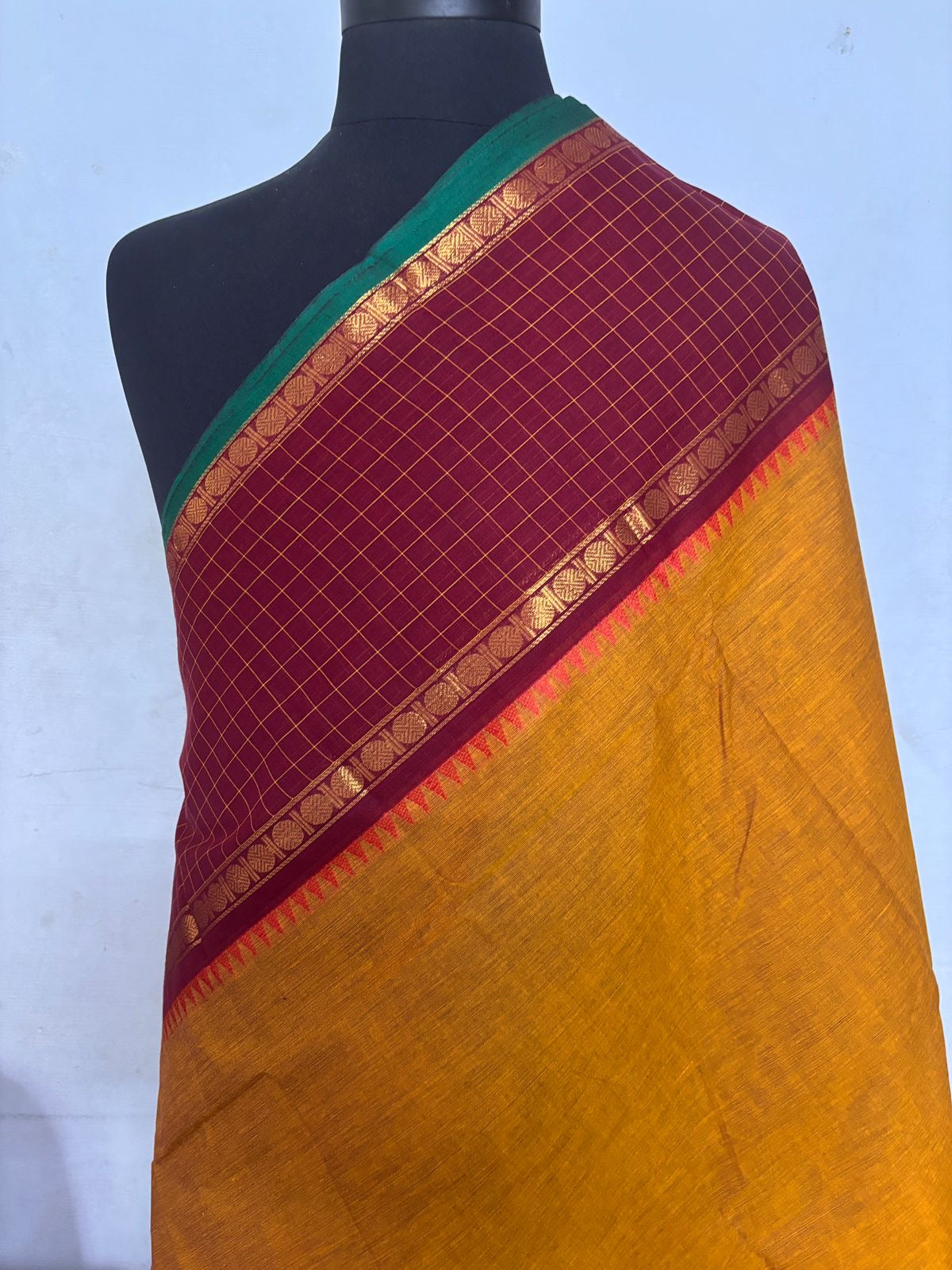 Sangita (संगीता) Vintage pattern Chettinad Kanchi sarees in mango yellow colour