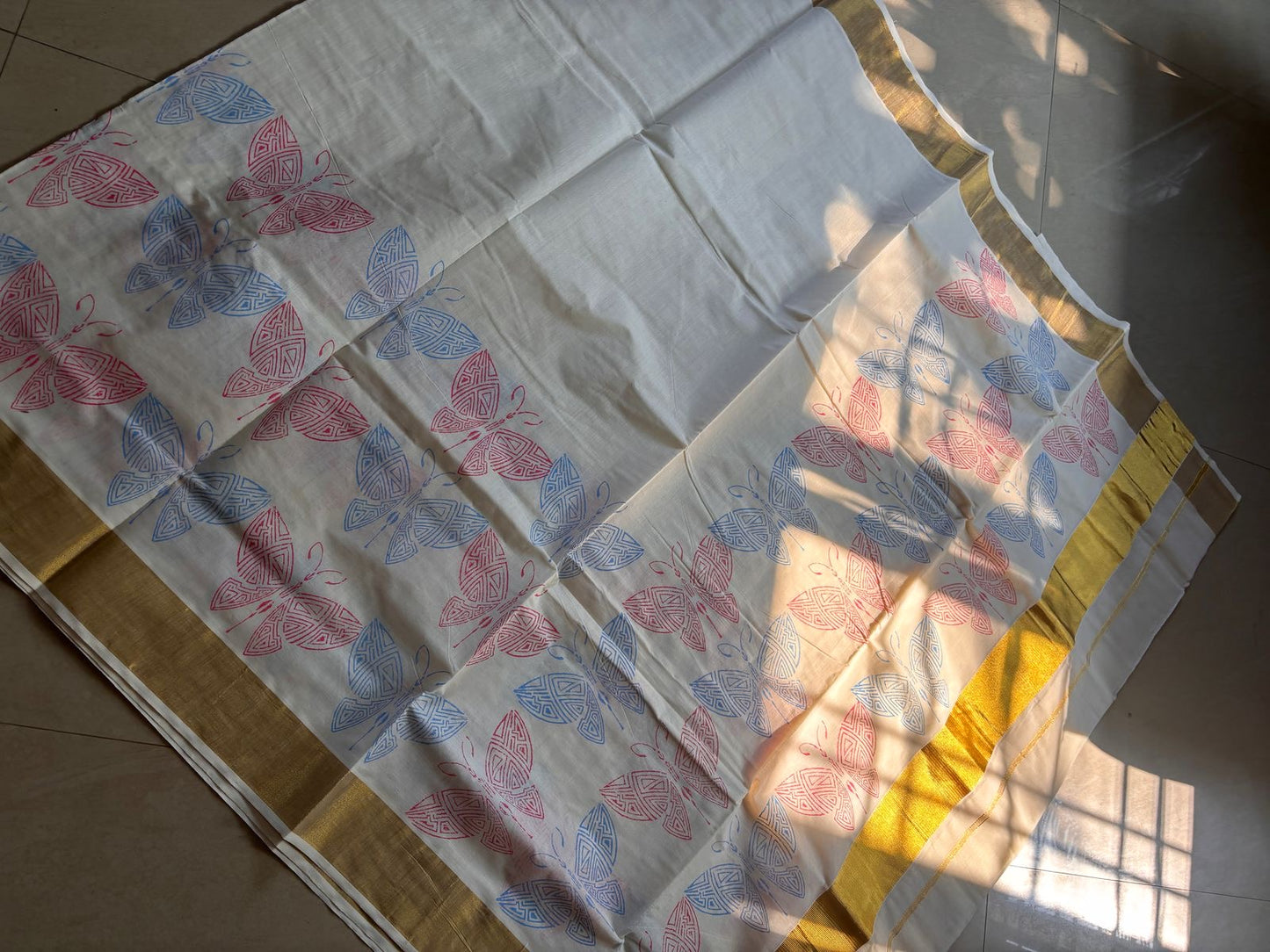Sarvani Premium Cotton Butterfly theme Handblock printed Kerala Set Saree with golden Kara SAR04
