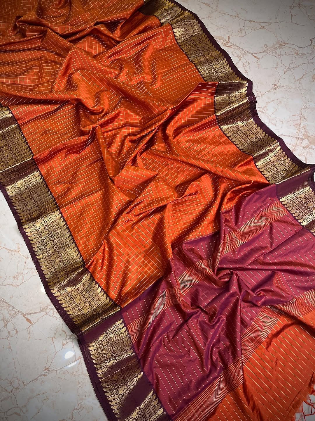 Rust orange Fancy Banarasi Silk Saree