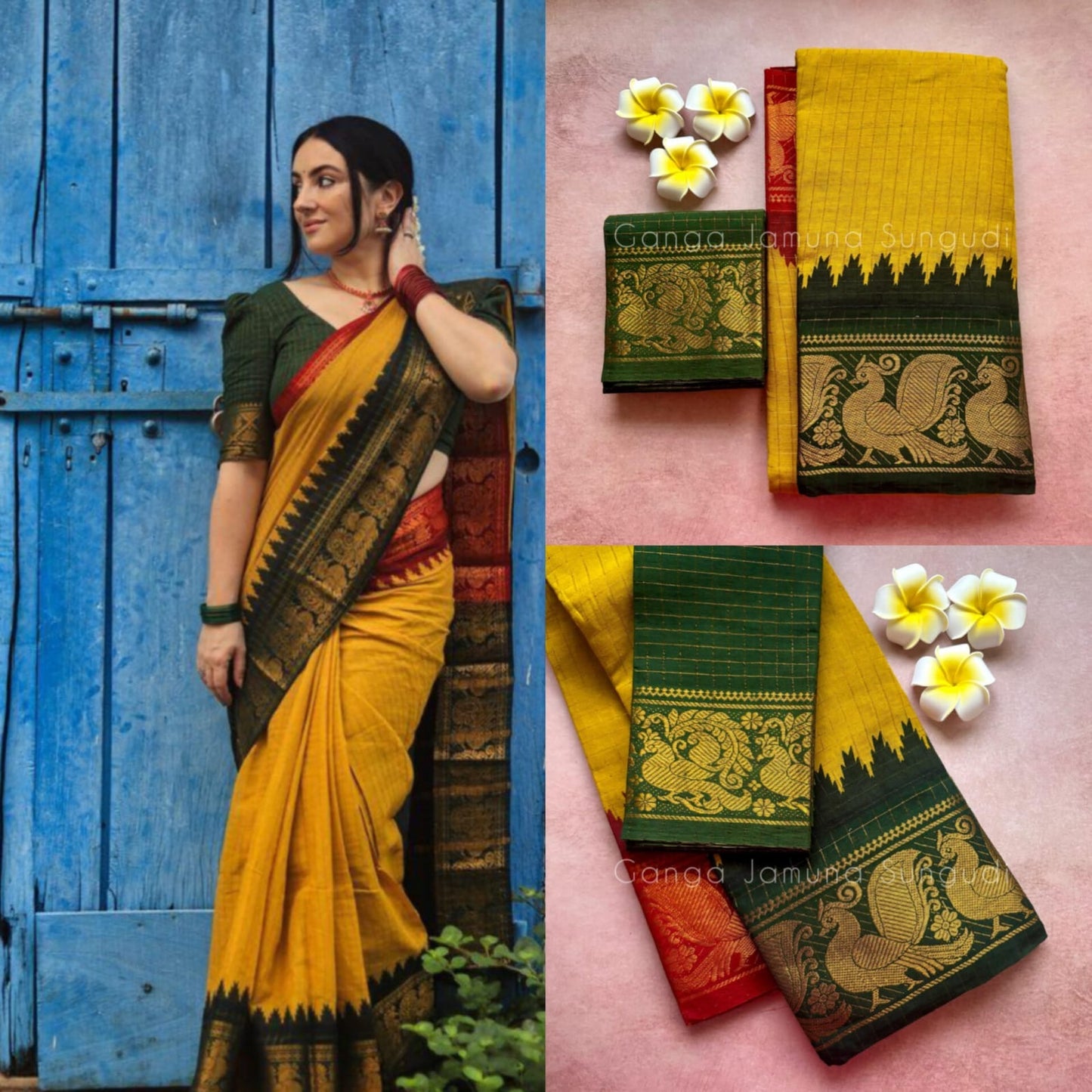 Pre order : Tarangini Handloom zari checks ganga jamuna sungudi sarees