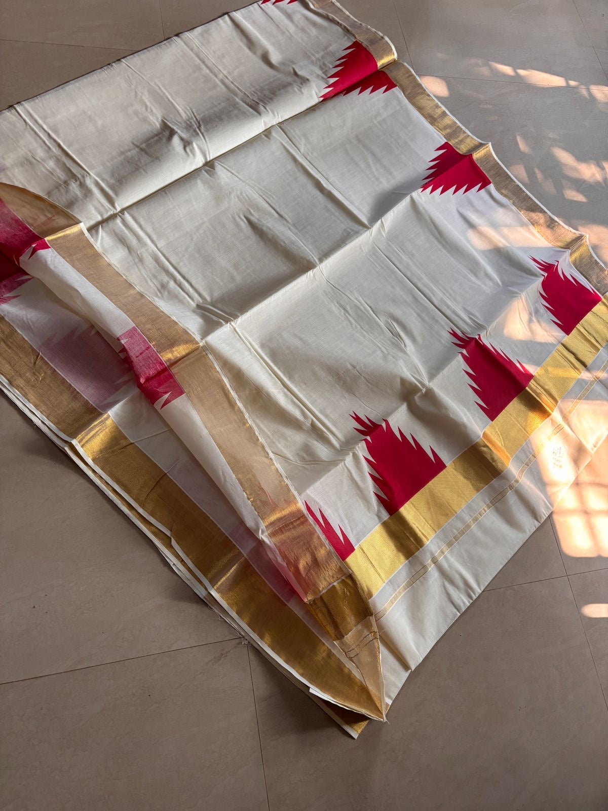 Sarvani Pure Cotton Big Red Temple Border Golden Kasavu Kerala Set Saree SAR07