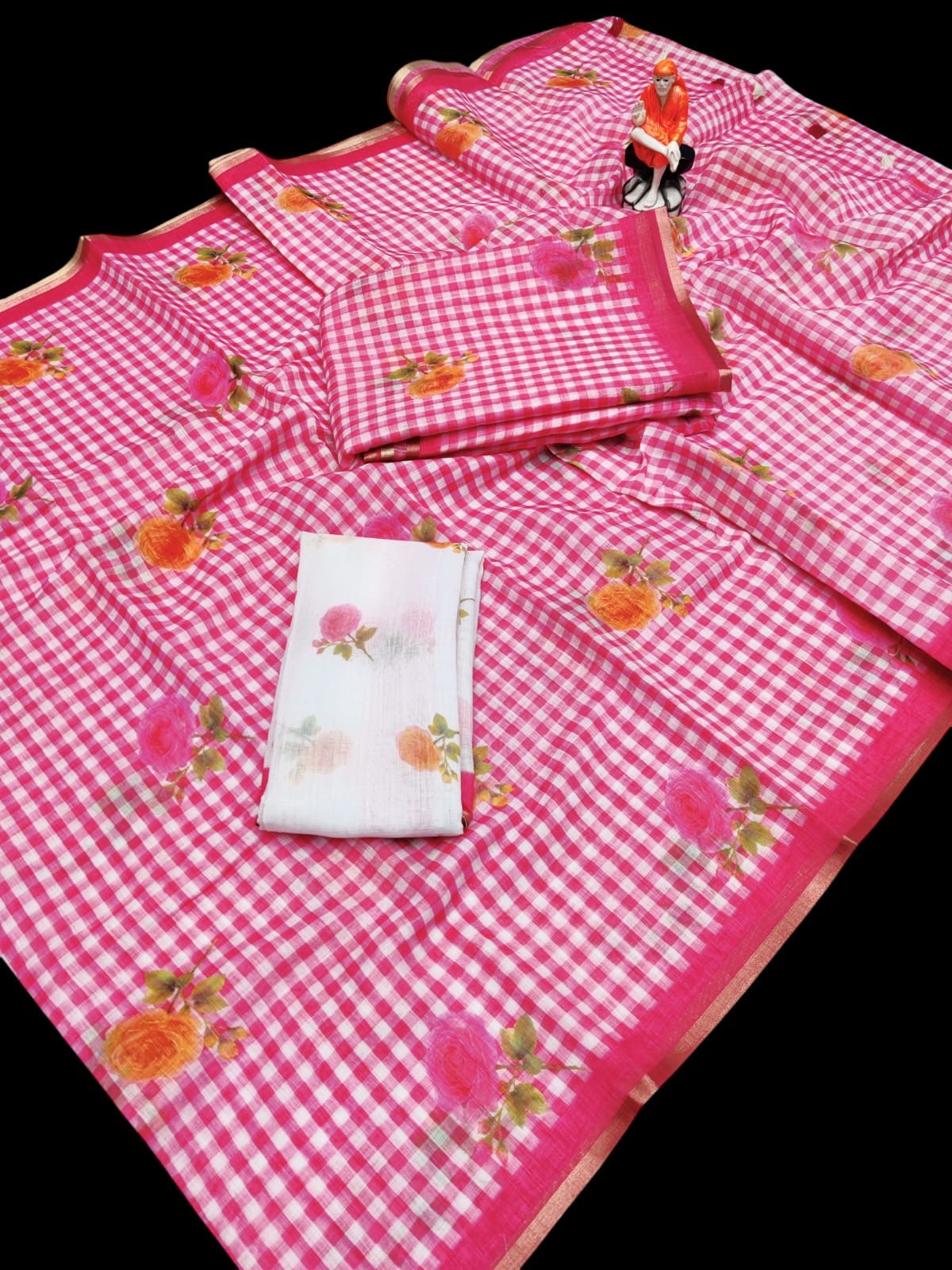 Rose floral Linen Slub cotton Saree