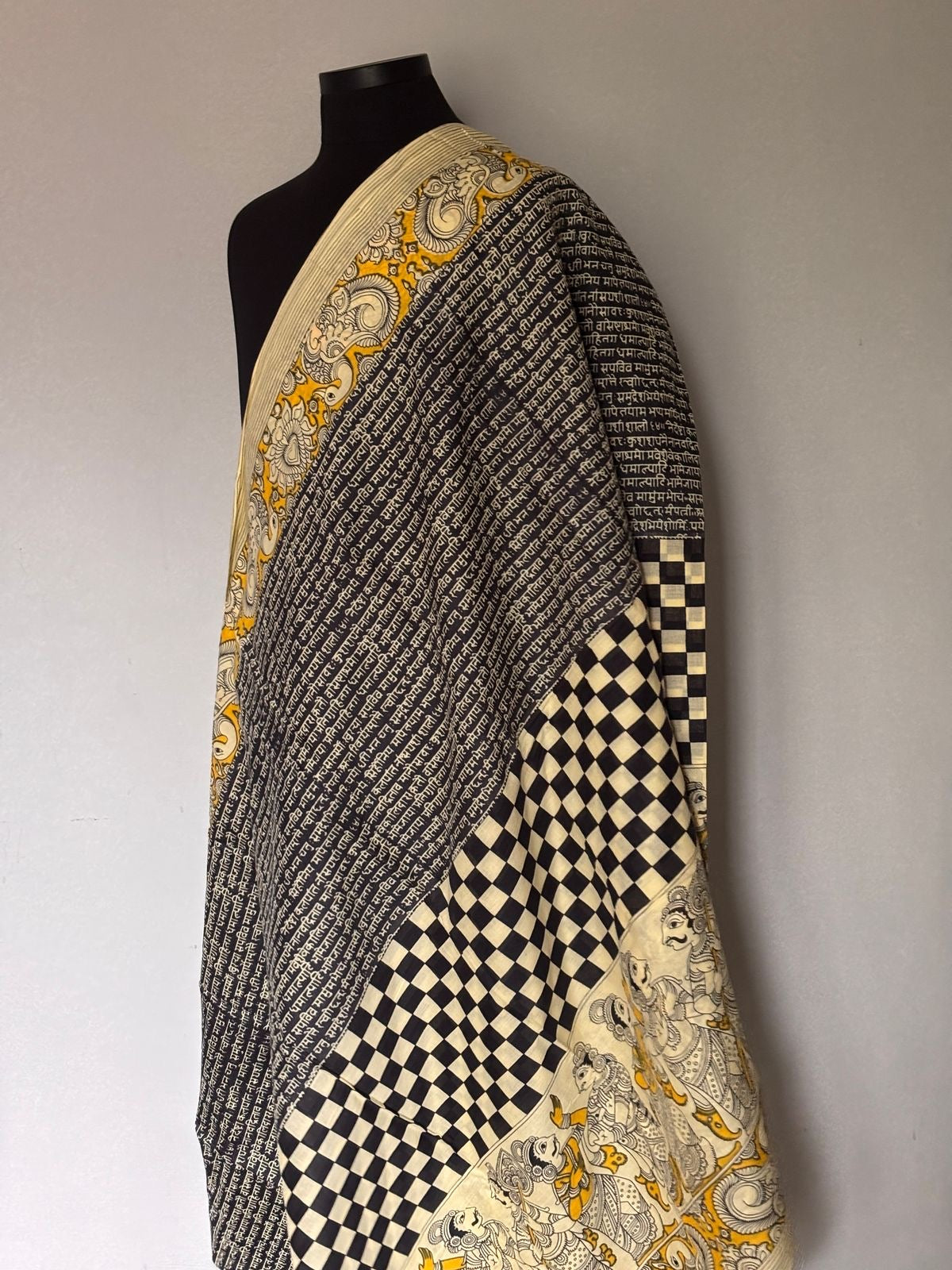 Vasantika (वसन्तिका) Jaipur Hand Block printed Soft Cotton Sarees, Sanskrit script and Kalamkari print VA04