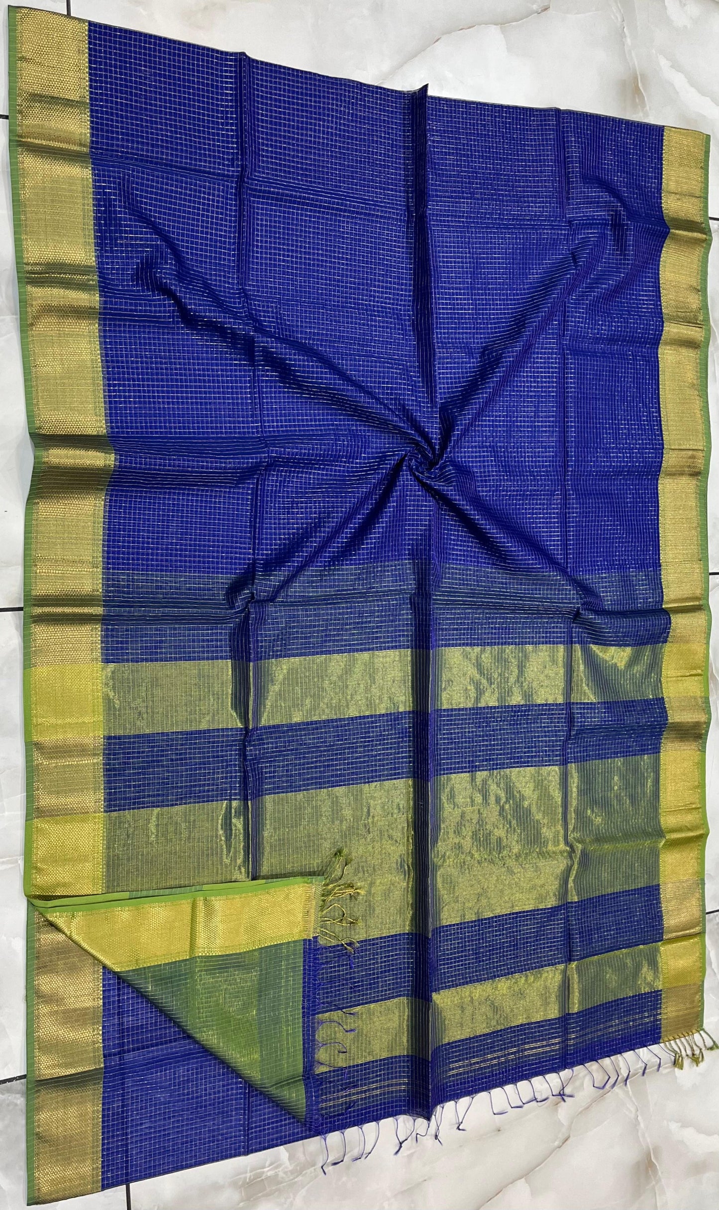 Kalyanika Zari Checks Maheshwari silk saree Navy blue with olive green border