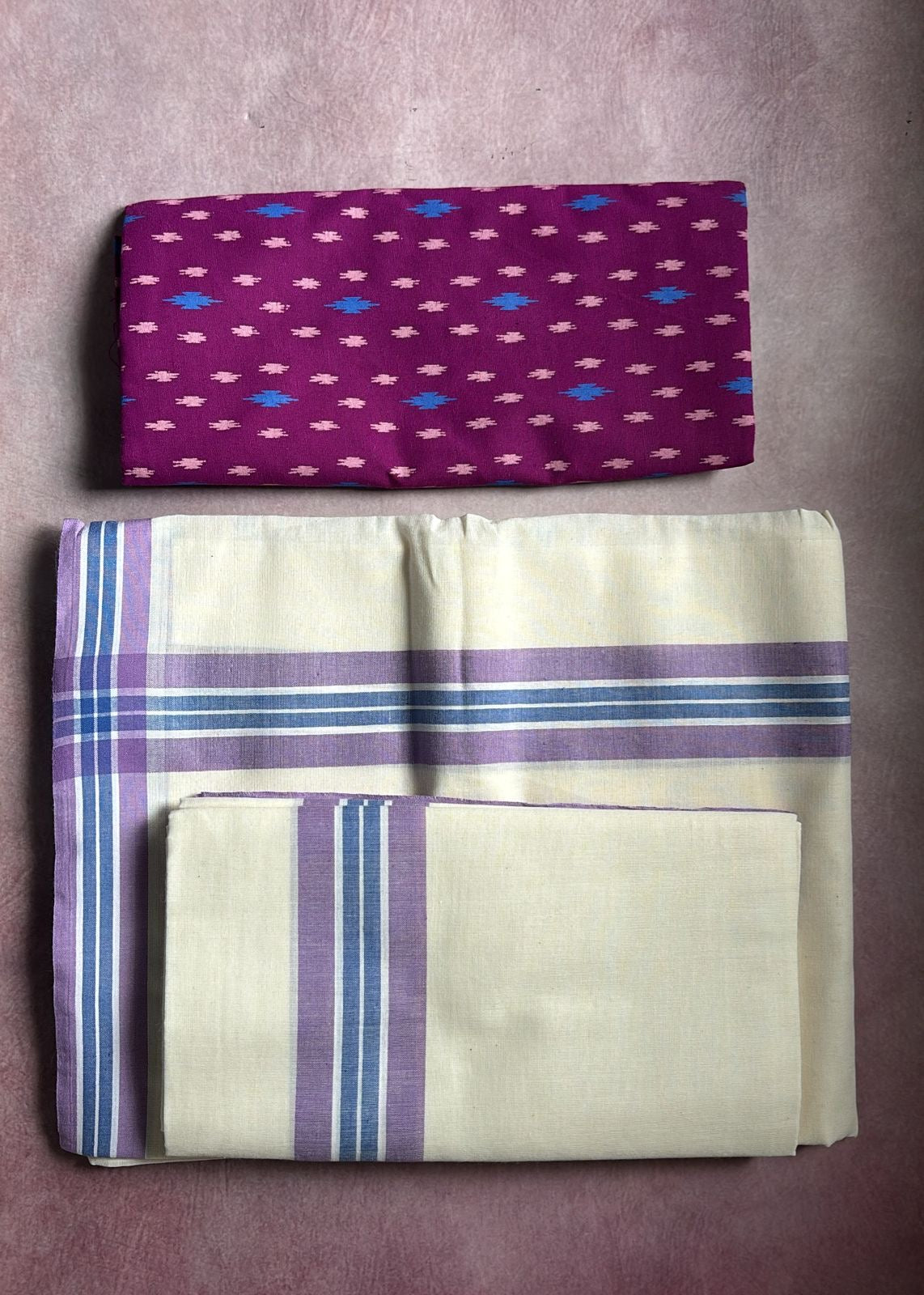 Mulloth Pure cotton Set Mundu with printed cotton blouse piece