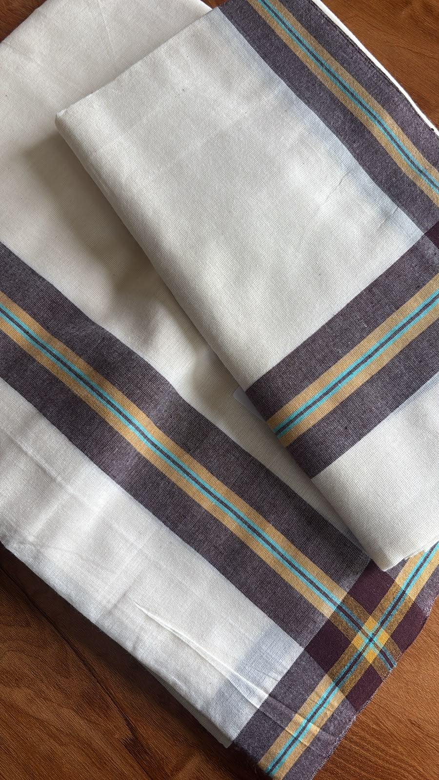 Mulloth daily wear pure cotton set Mundu brown with yellow blue stripes border