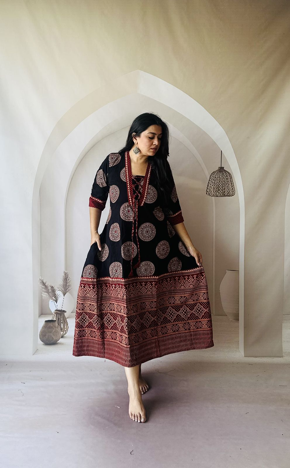 Ajrakh pure cotton one piece dress black with maroon border